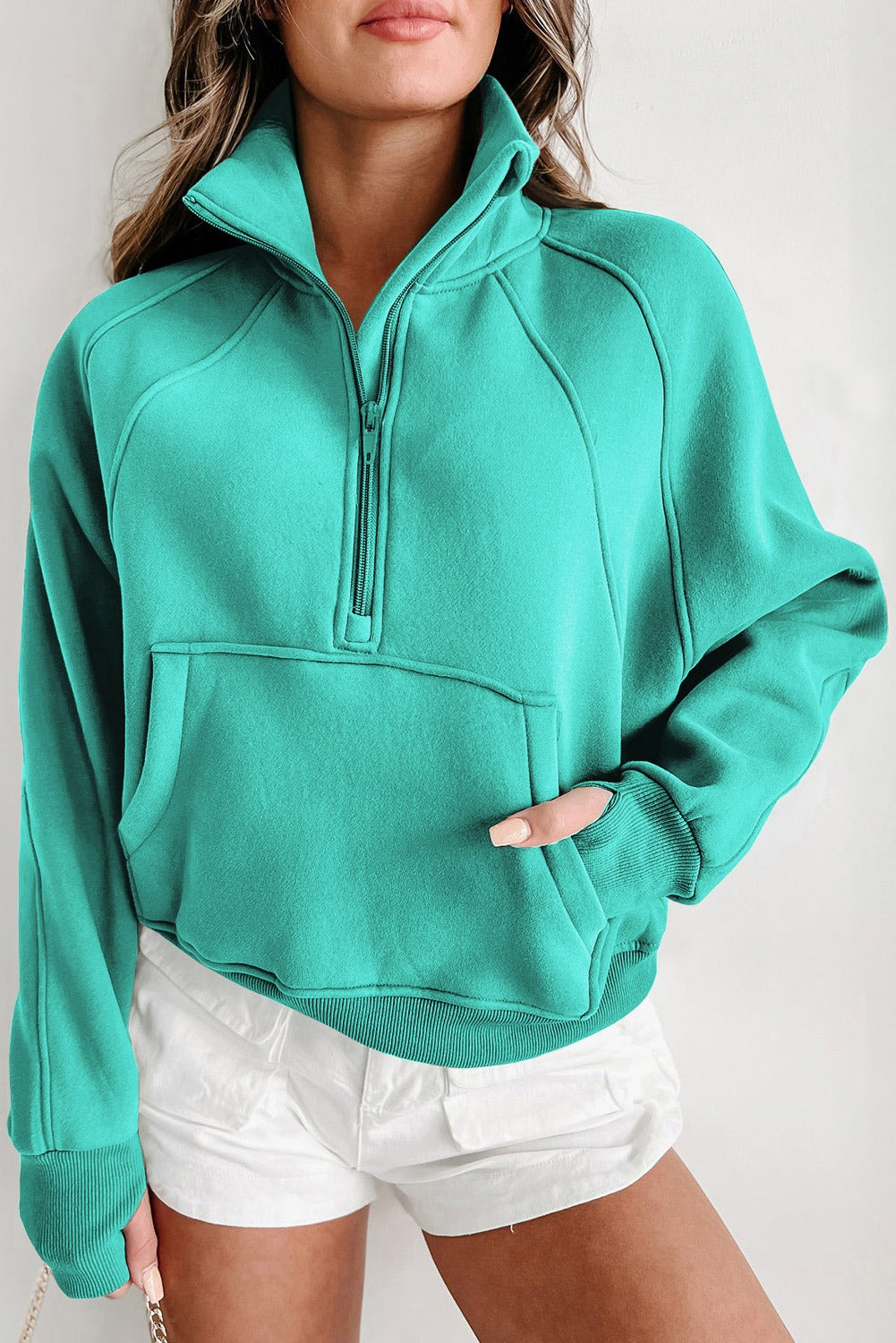 Zip Up Stand Collar Thumbhole Sleeve Sweatshirt