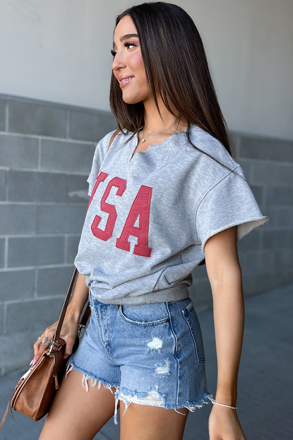 USA Patch Notched Neck Loose Tee