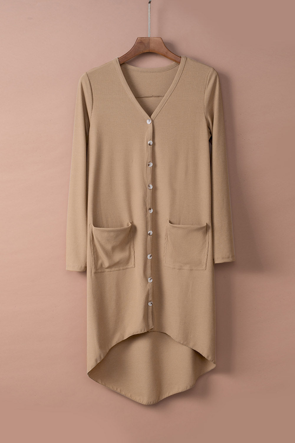 Khaki Selected Button Down Pocketed High Low Cardigan