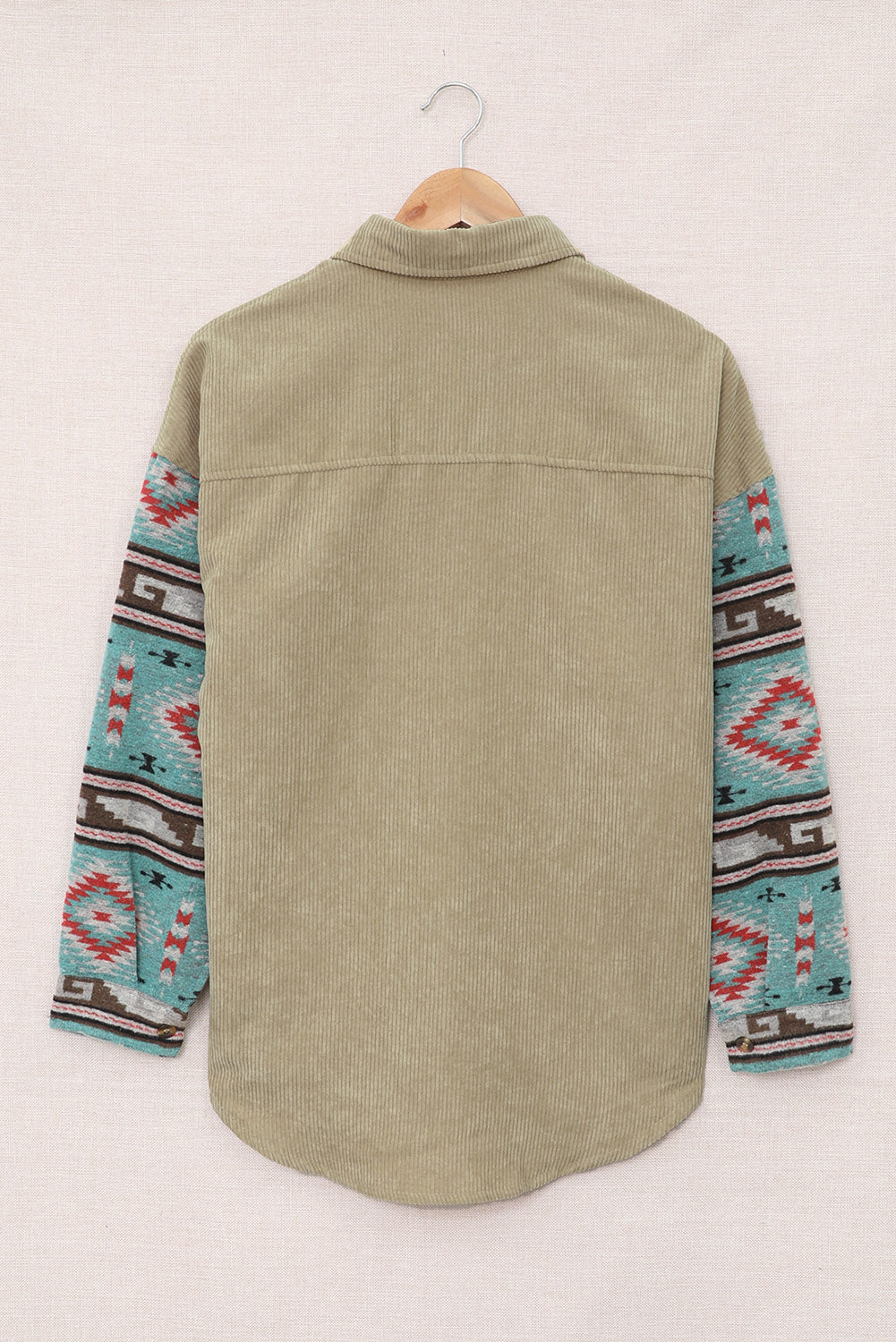 Khaki Aztec Pattern Sleeve Pocketed Corduroy Shacket