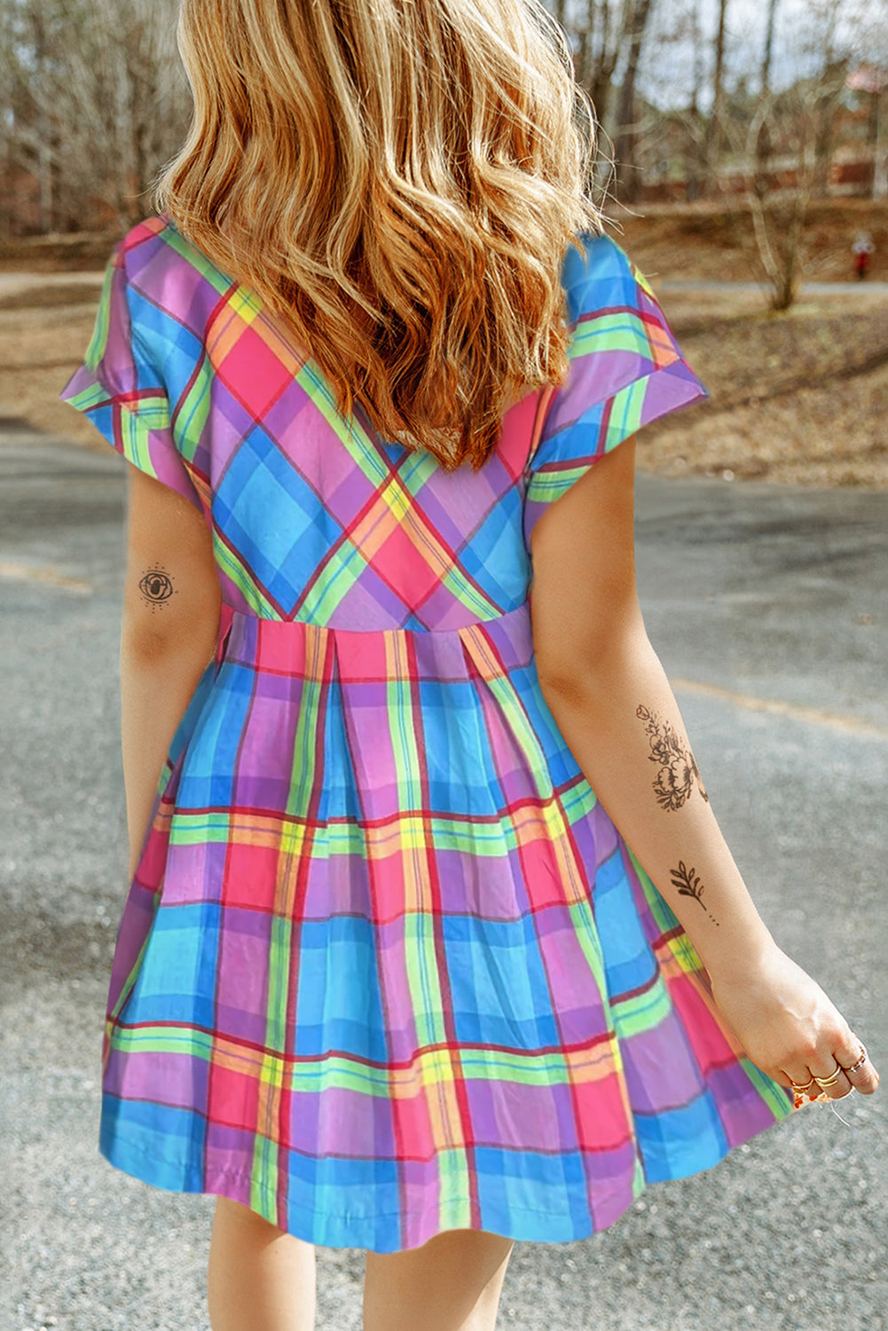 Light Blue Multicolor Plaid Short Sleeve Babydoll Mini Dress