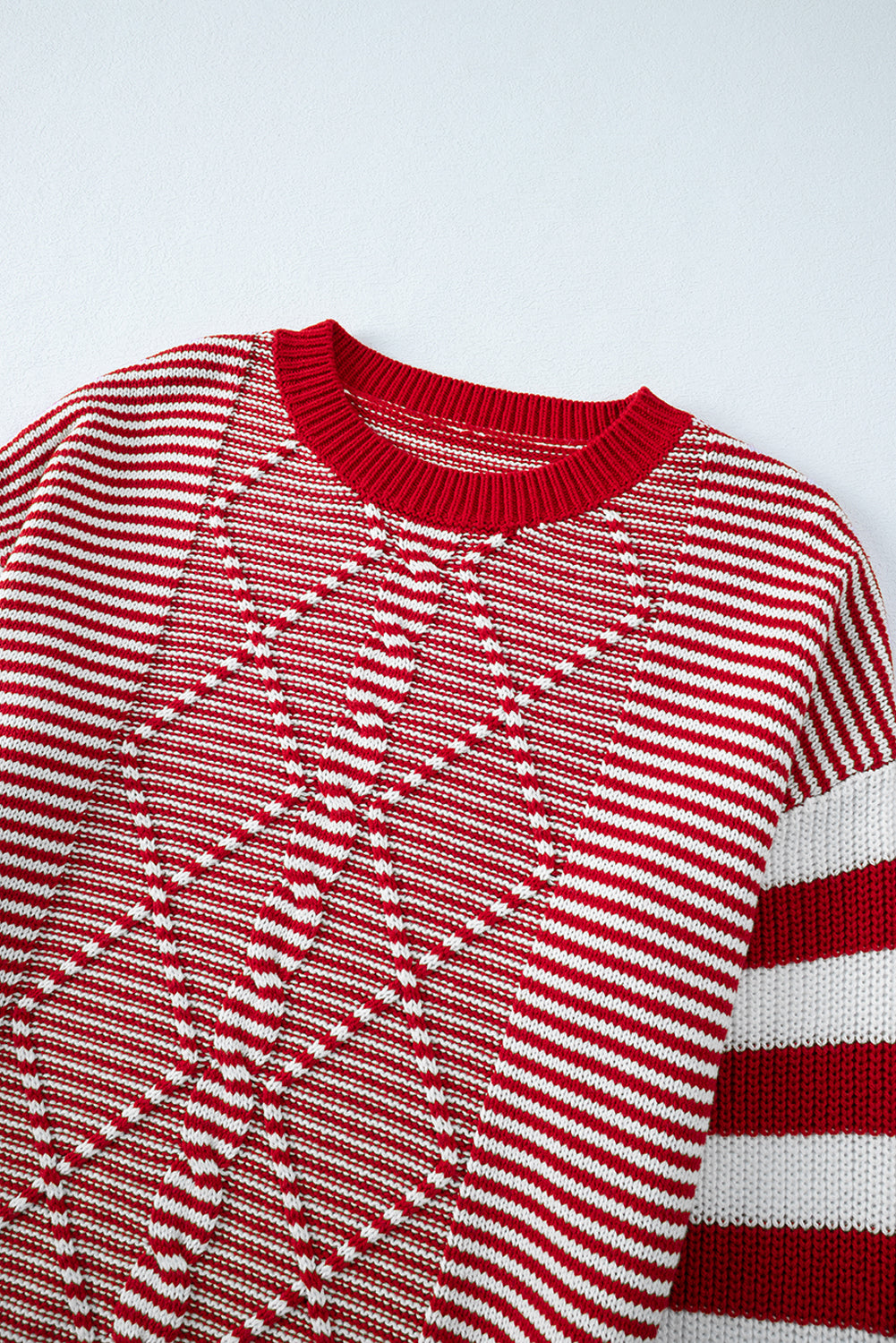 Red Stripe Geometric Textured Drop Shoulder Sweater