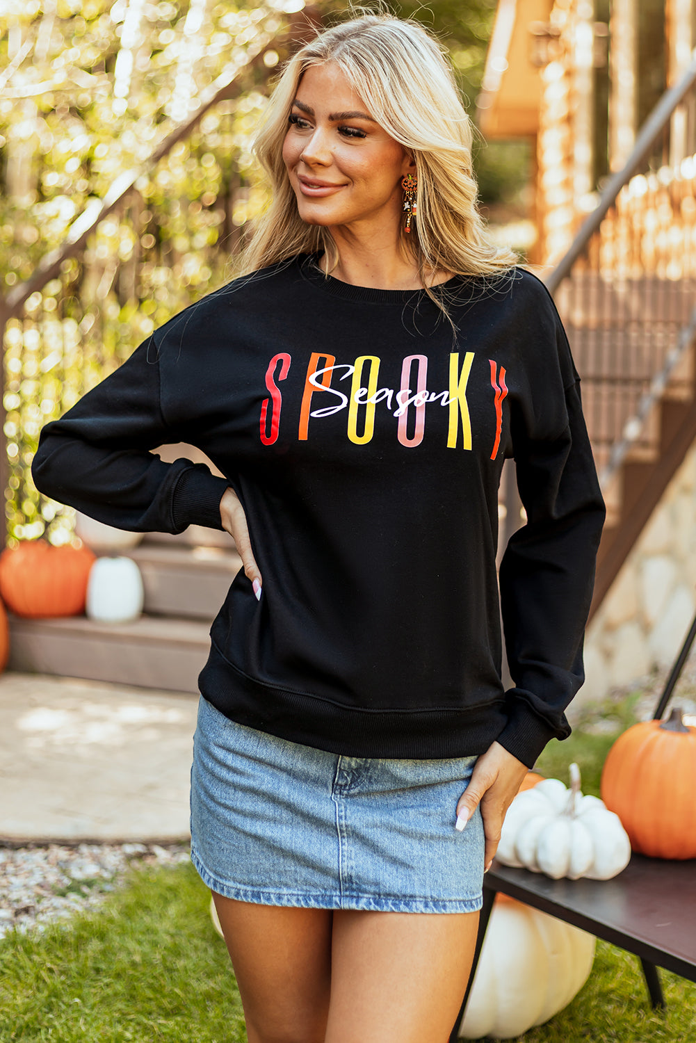 Black Spooky Season Halloween Fashion Graphic Sweatshirt