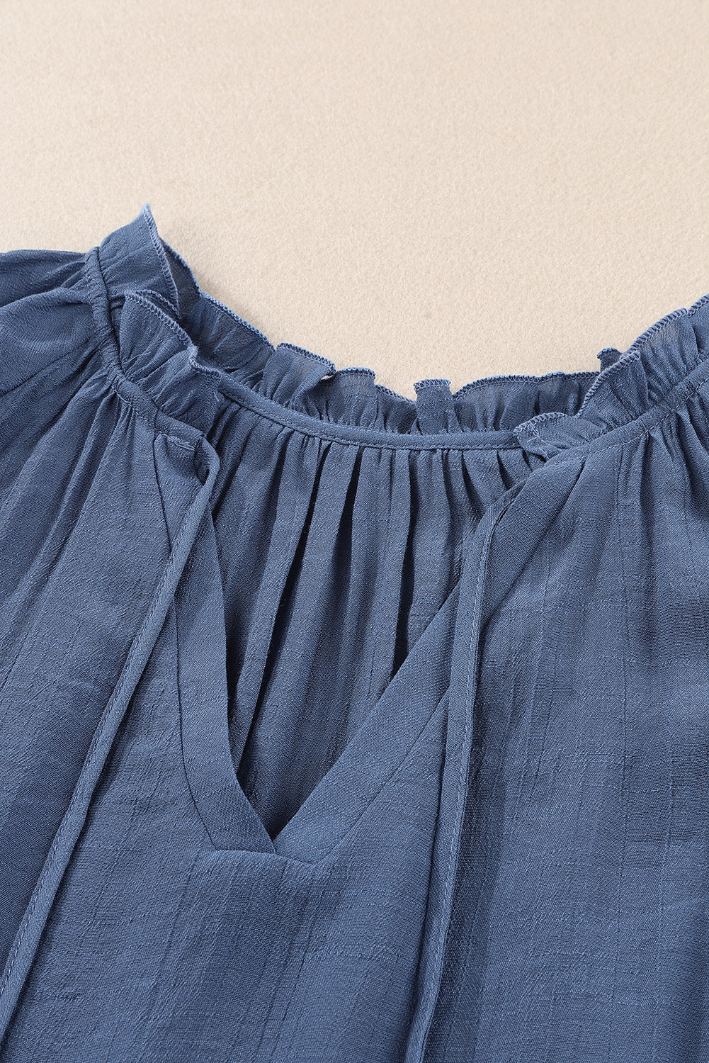 Blue Tiered Ruffled Drawstring V Neck Top