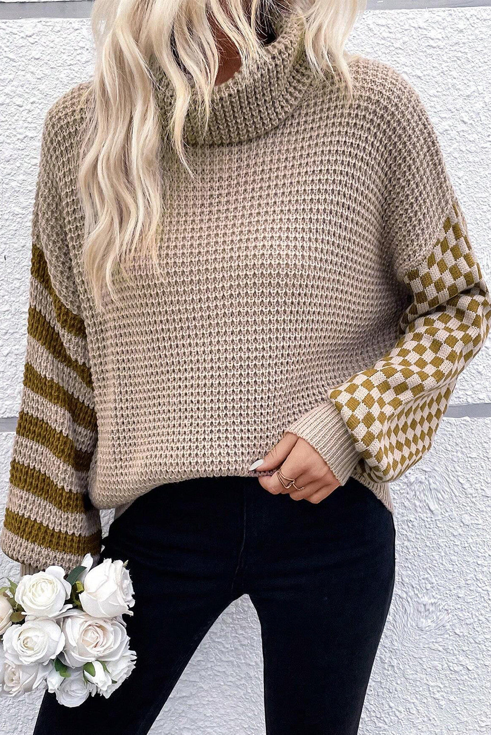 Striped and Checked Waffle Turtleneck Sweater