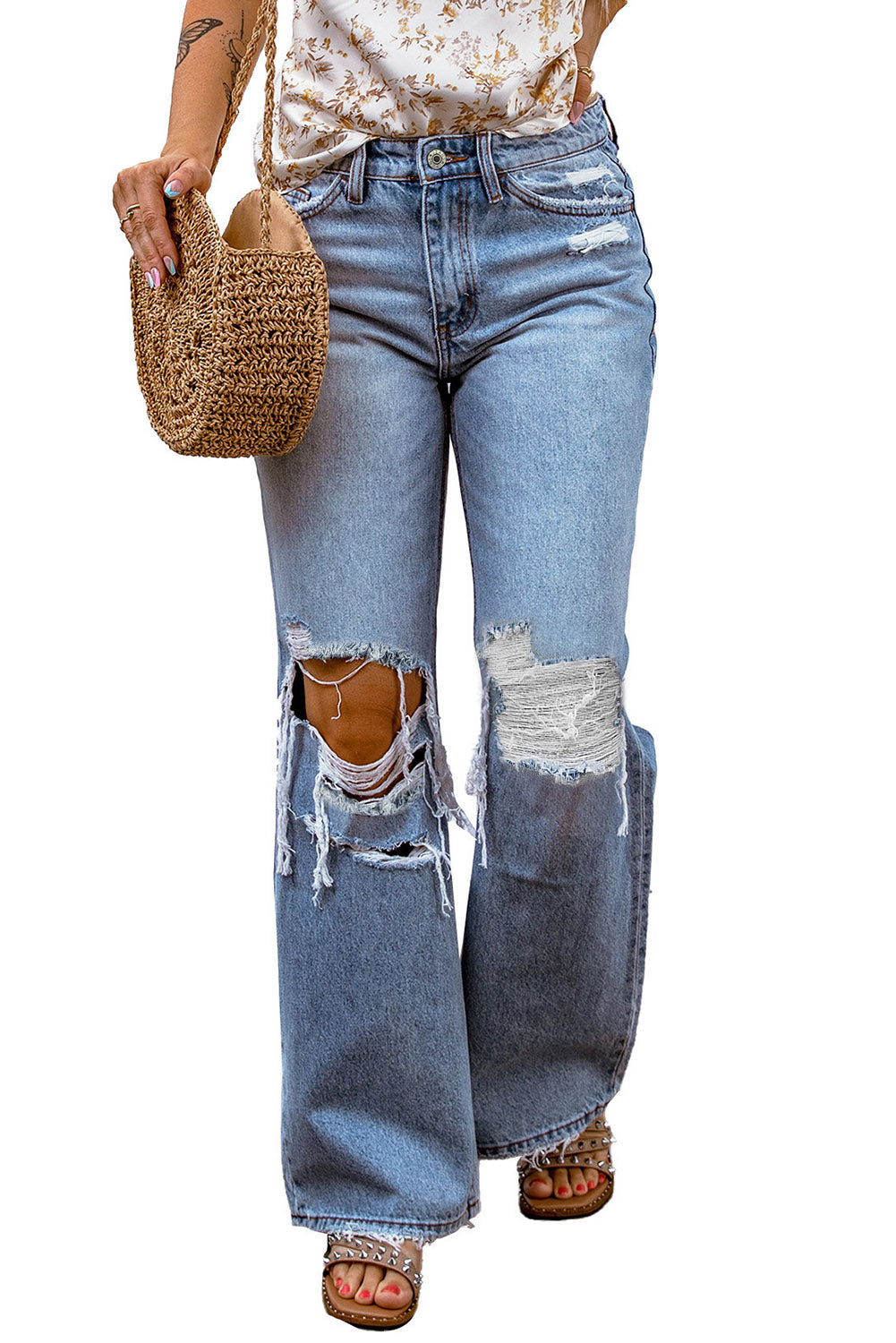 Sky Blue Destroyed Open Knee Wide Leg Jeans