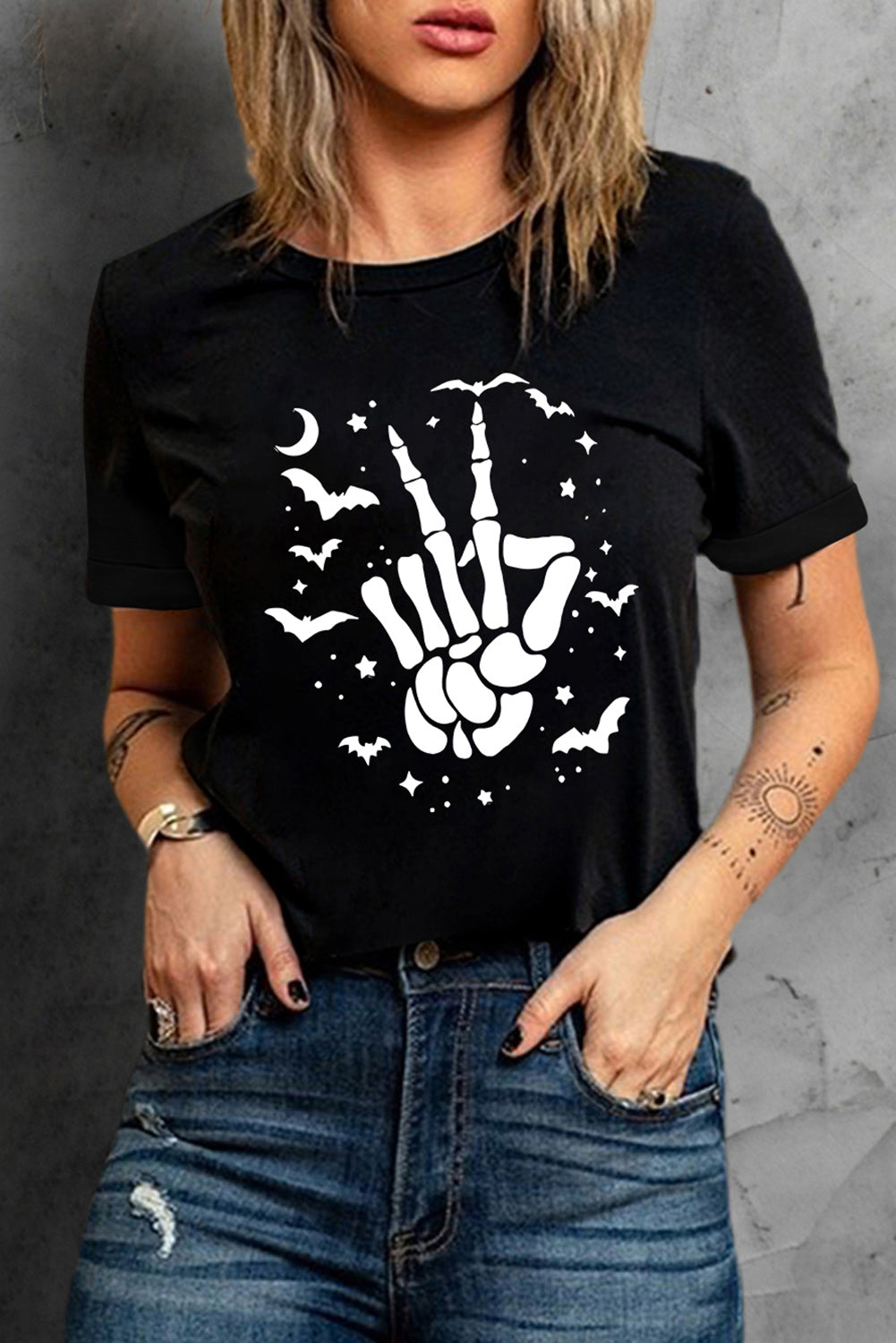 Black Halloween Bat & Skeleton Hand Graphic Tee