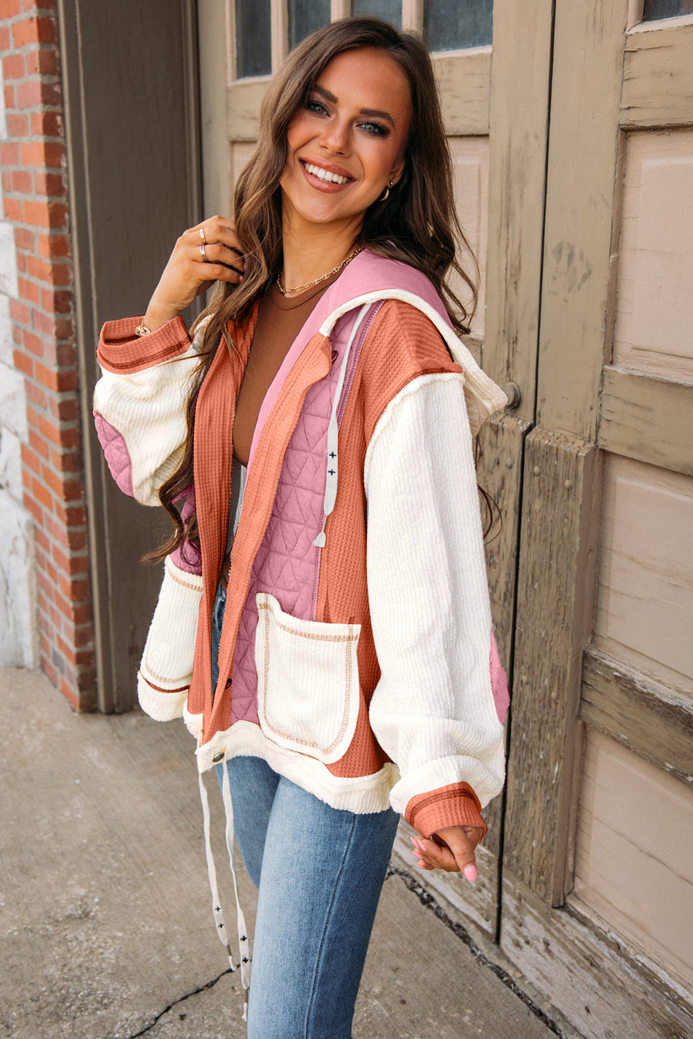 Textured Patchwork Hooded Jacket