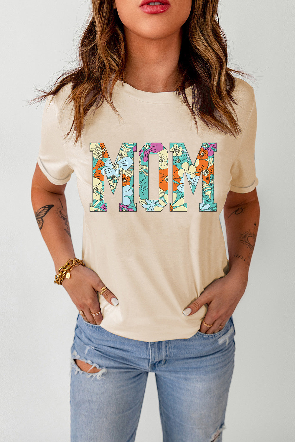 Khaki MOM Floral Letter Print T Shirt