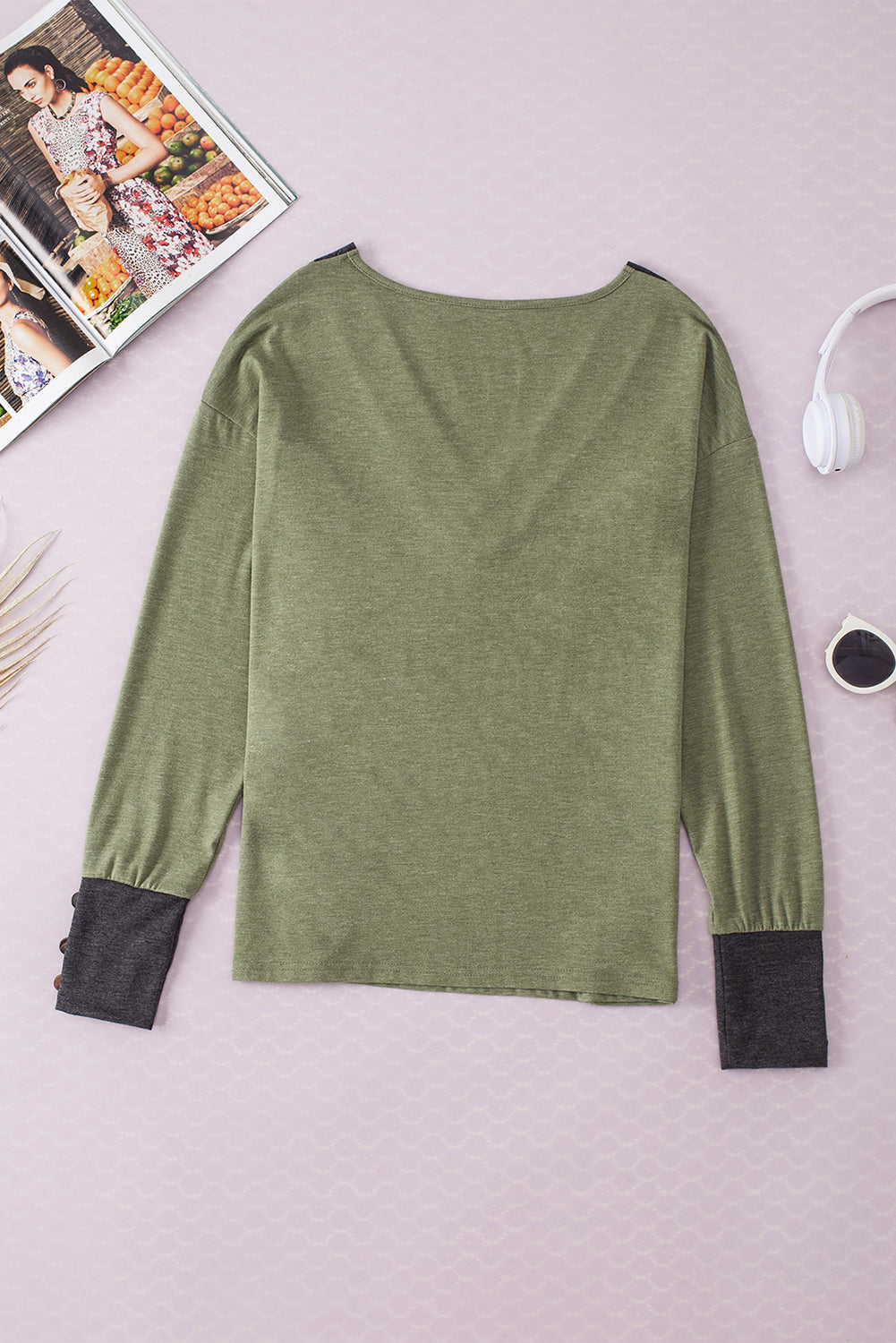 Khaki Contrast V Neck Button Cuffed Long Sleeve Top