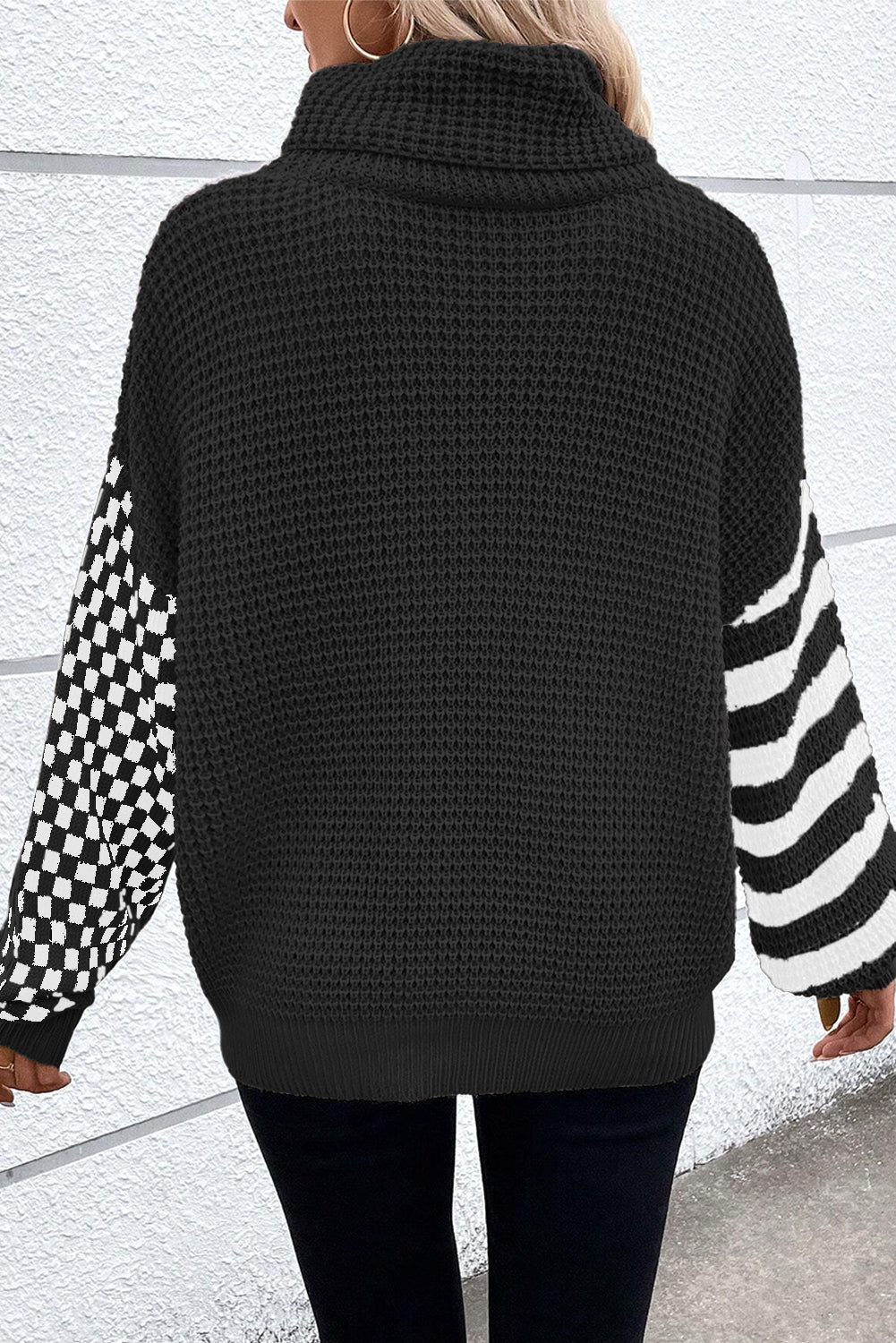 Striped and Checked Waffle Turtleneck Sweater