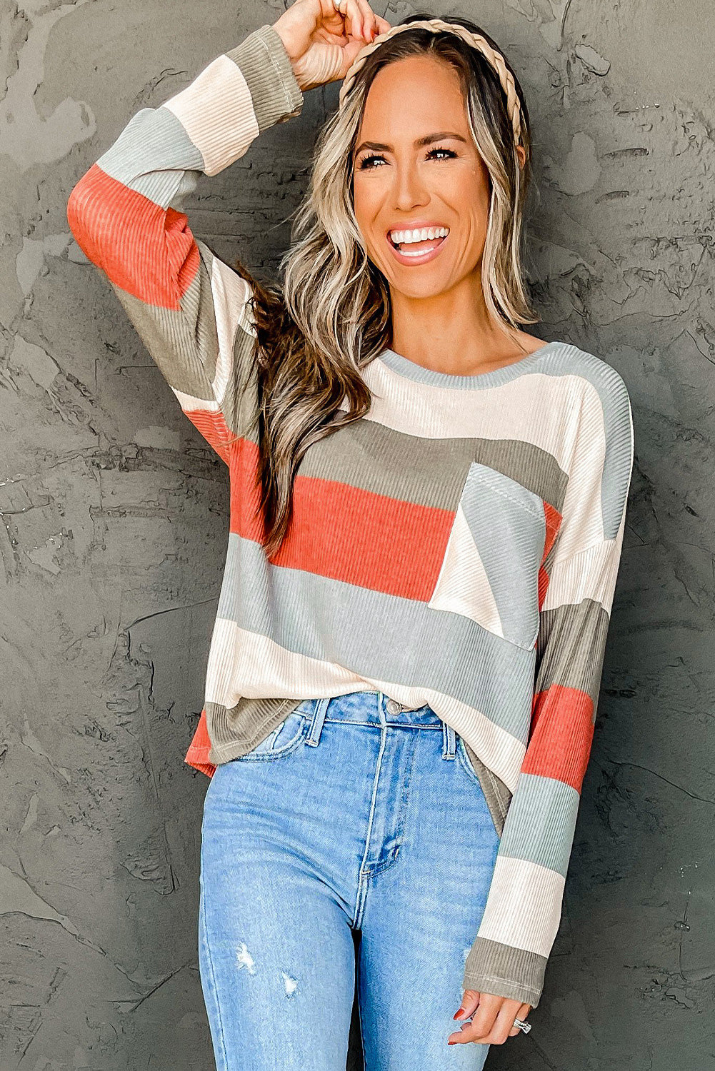 Green Color Block Ribbed Long Sleeve Top with Pocket