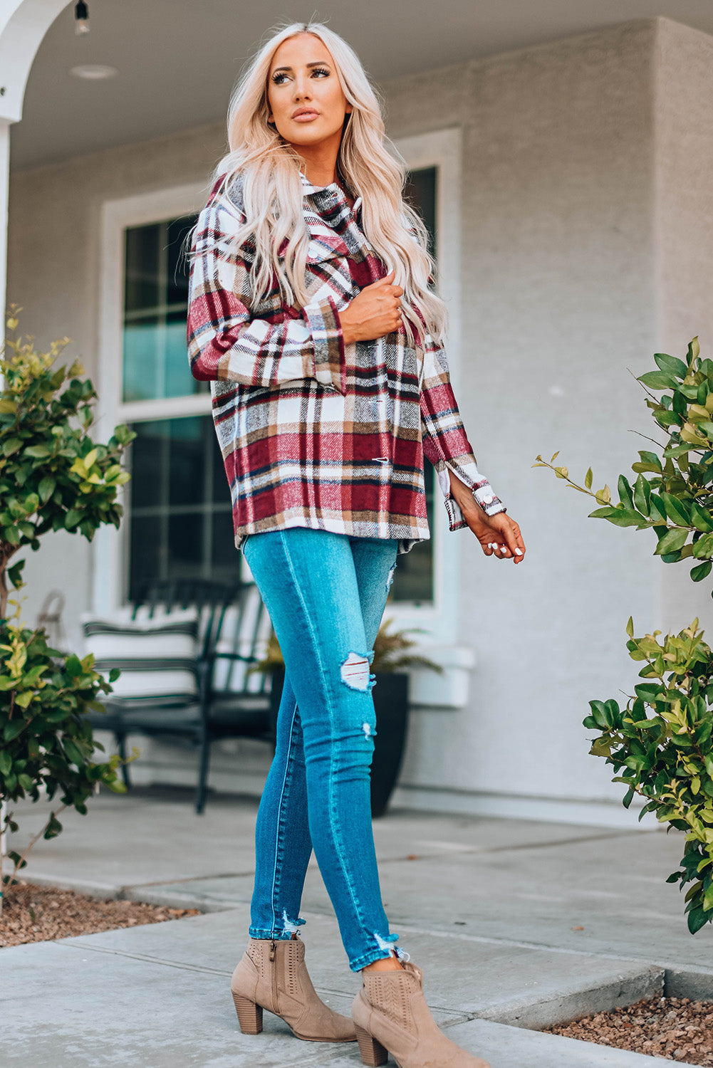 Orange Geometric Plaid Print Pocketed Shacket