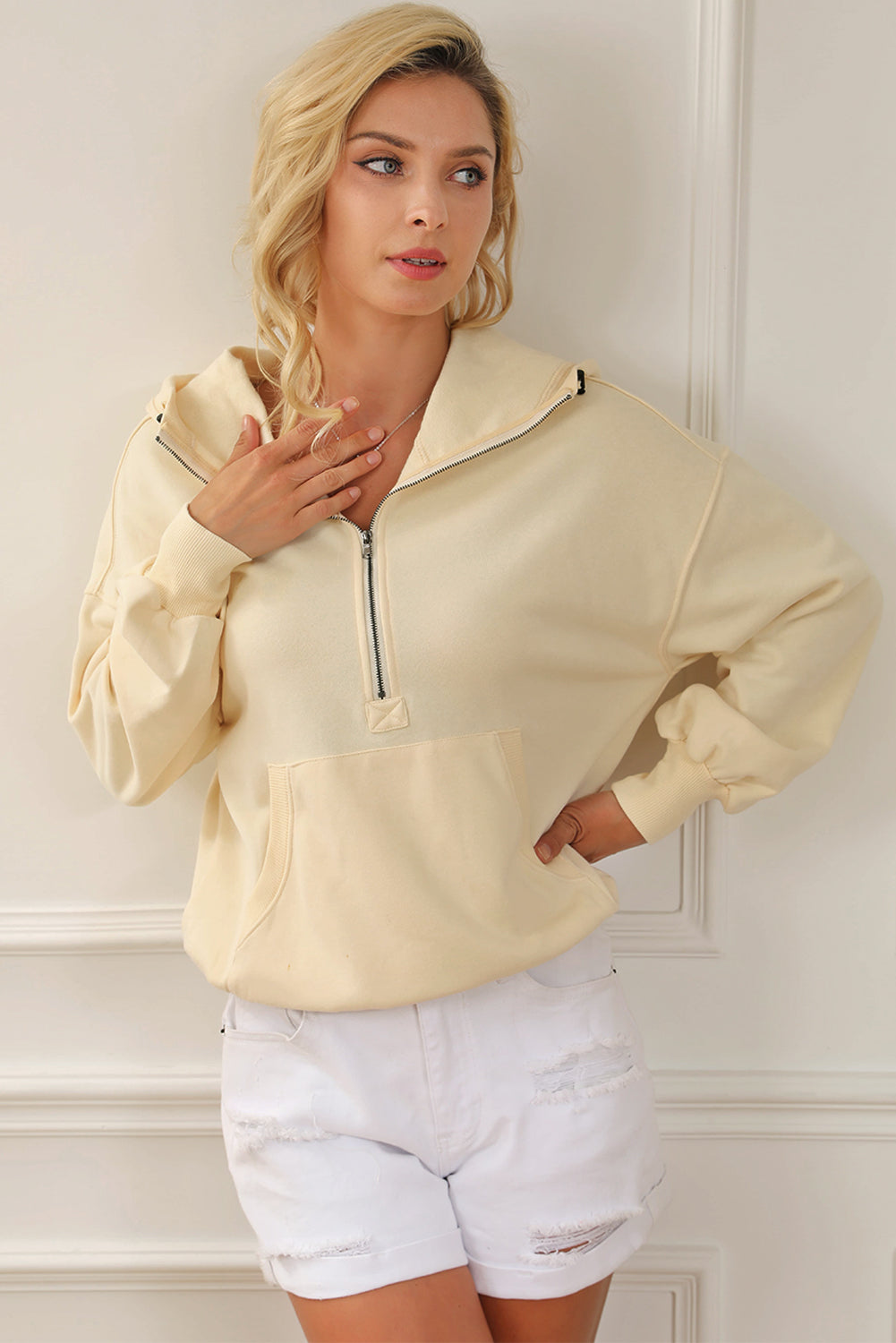 Beige Ribbed Trim Kangaroo Pocket Zipped Hoodie