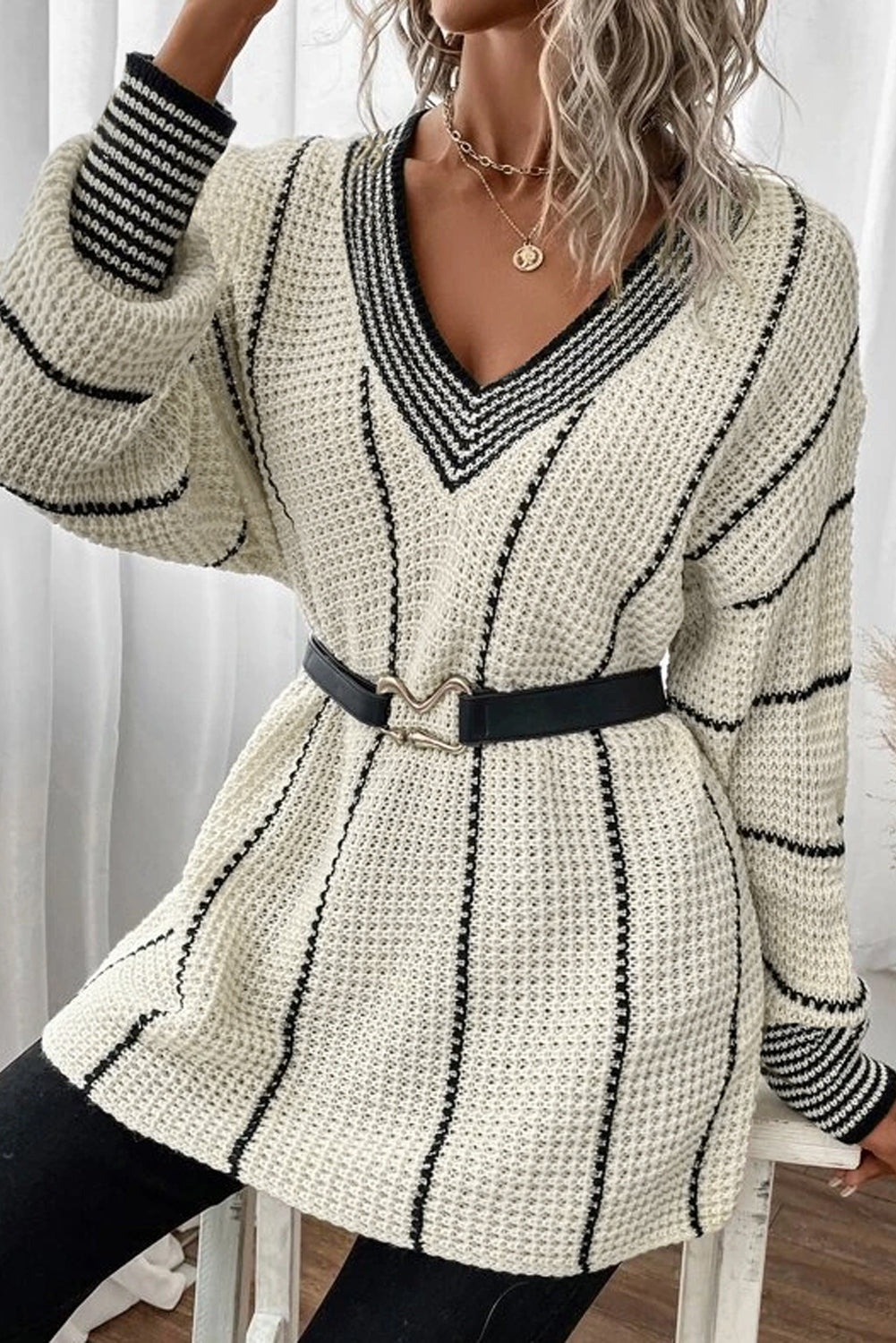 Colorblock Striped V Neck Knitted Sweater