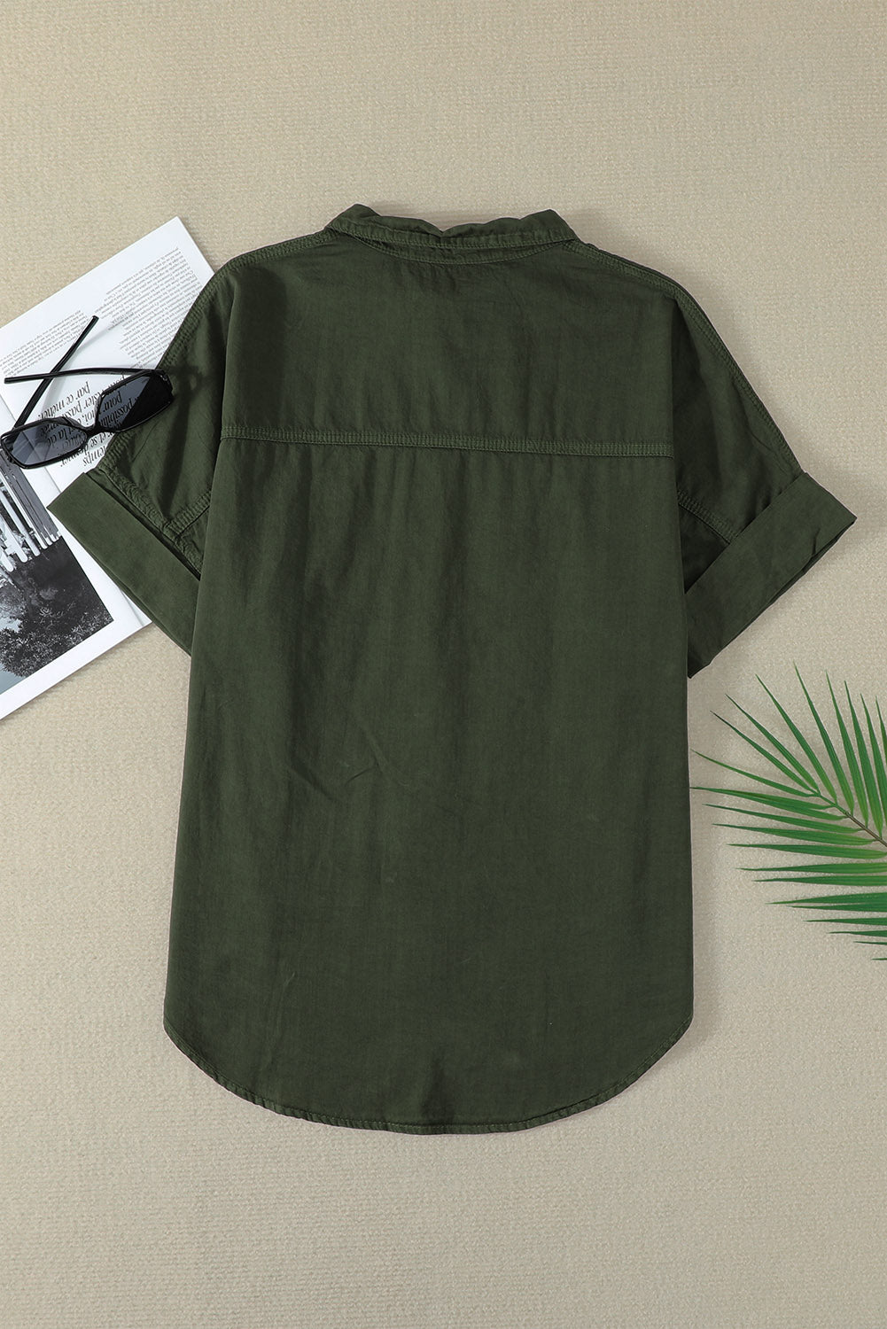 Green Turn-down Collar Short Sleeve Denim Shirt