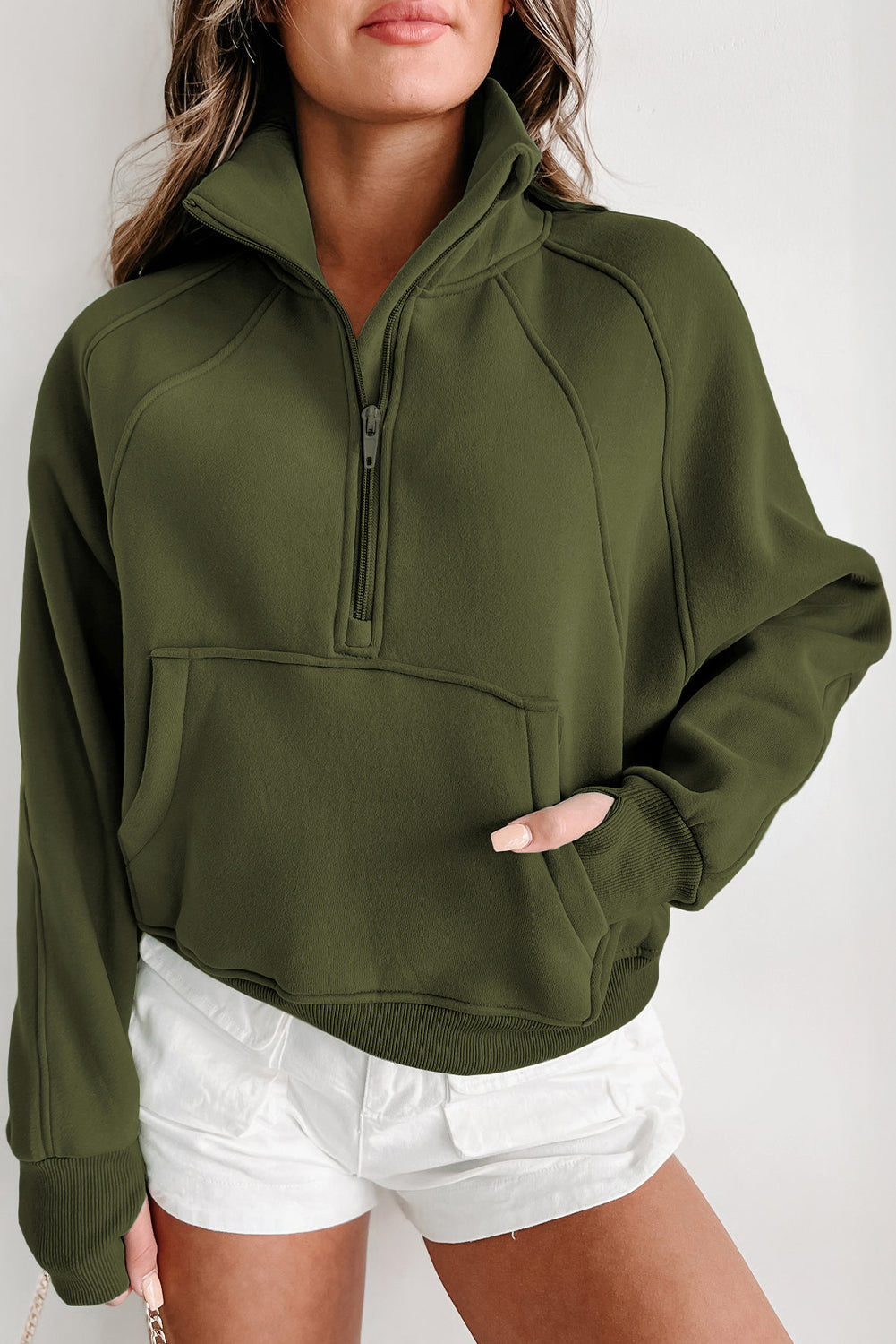 Zip Up Stand Collar Thumbhole Sleeve Sweatshirt