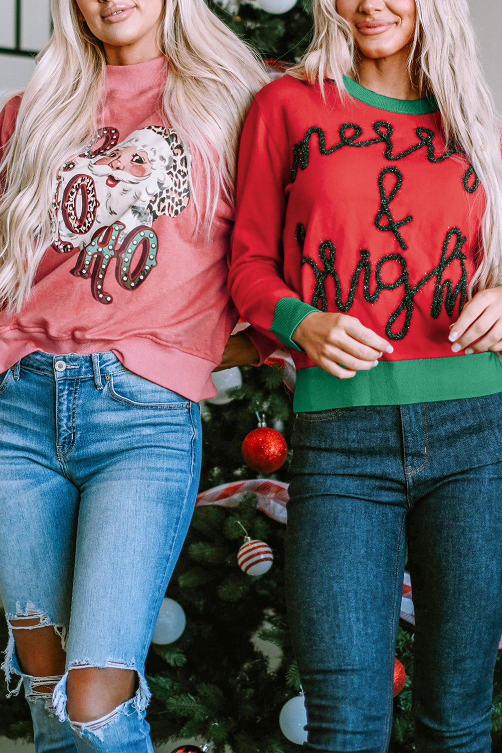 Fiery Red Tinsel Merry & Bright Graphic Contrast Trim Sweater