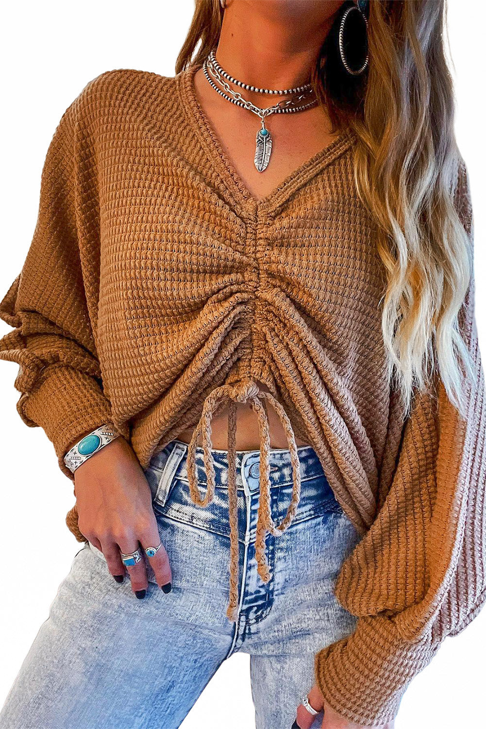 Brown V-Neck Drawstring Dolman Sleeve Waffle Knit Top