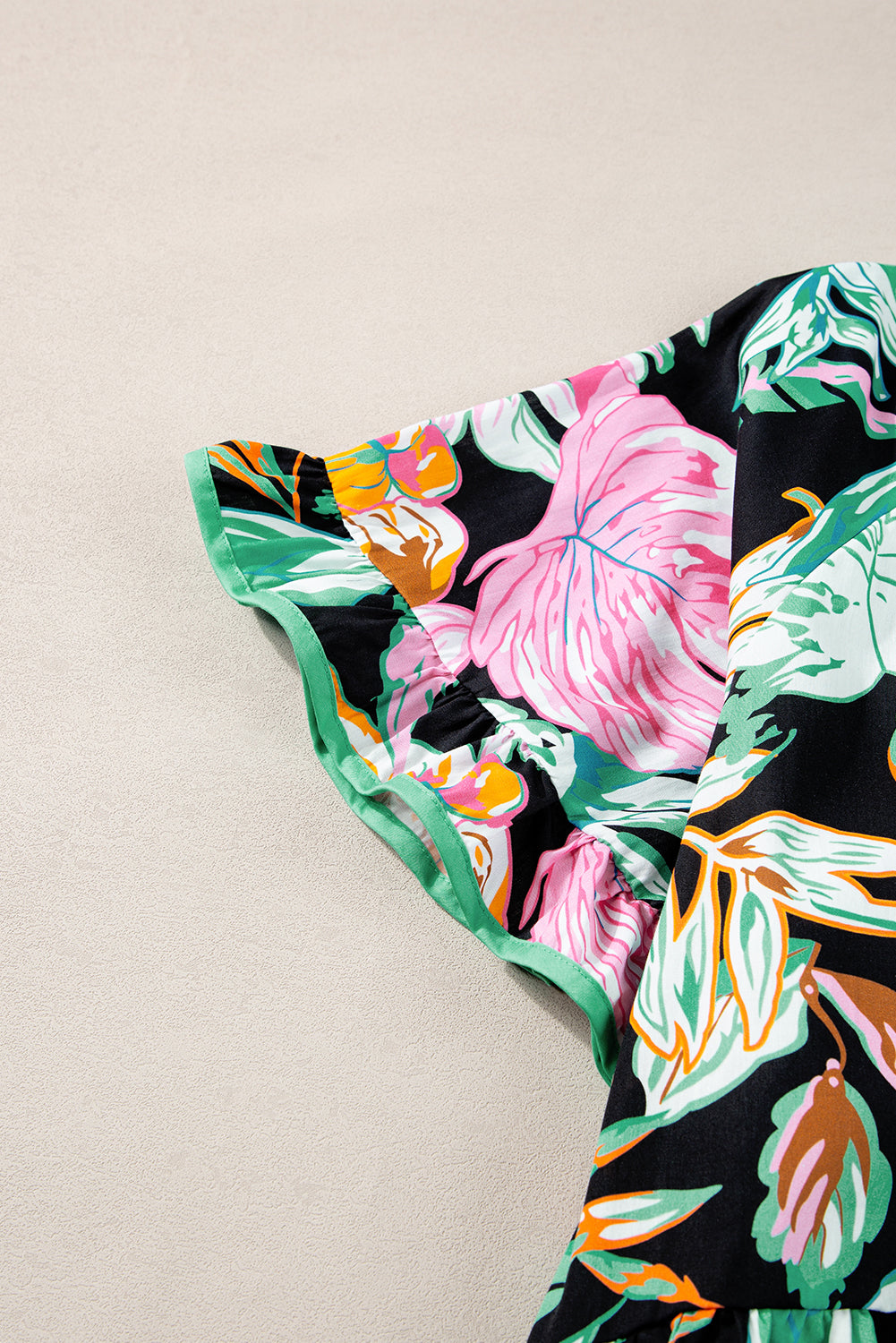 Black Plus Tropical Print Ruffled Sleeve Flowy Blouse