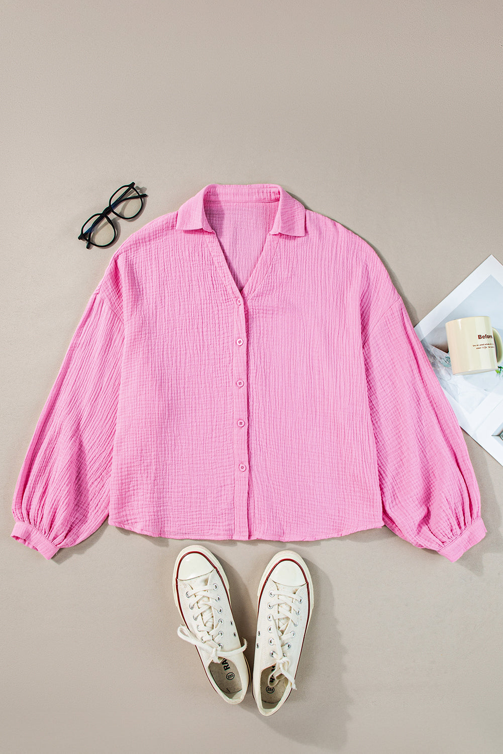 Bonbon Solid Color Puff Sleeve Crinkled Shirt