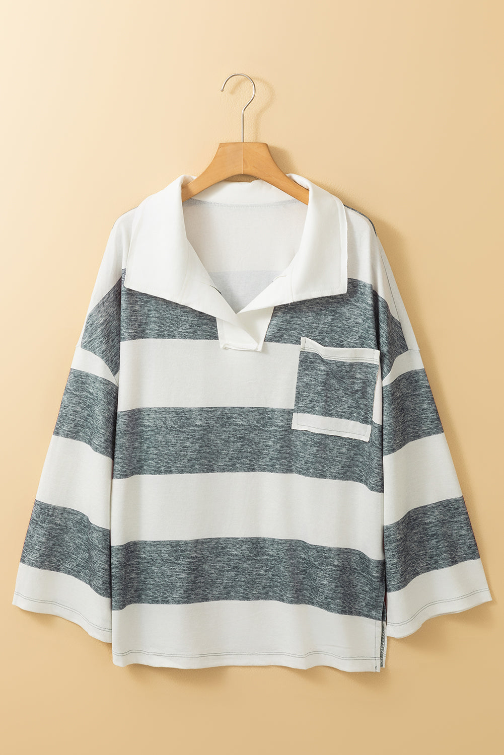 Stripe Oversized Collared Long Sleeve Top