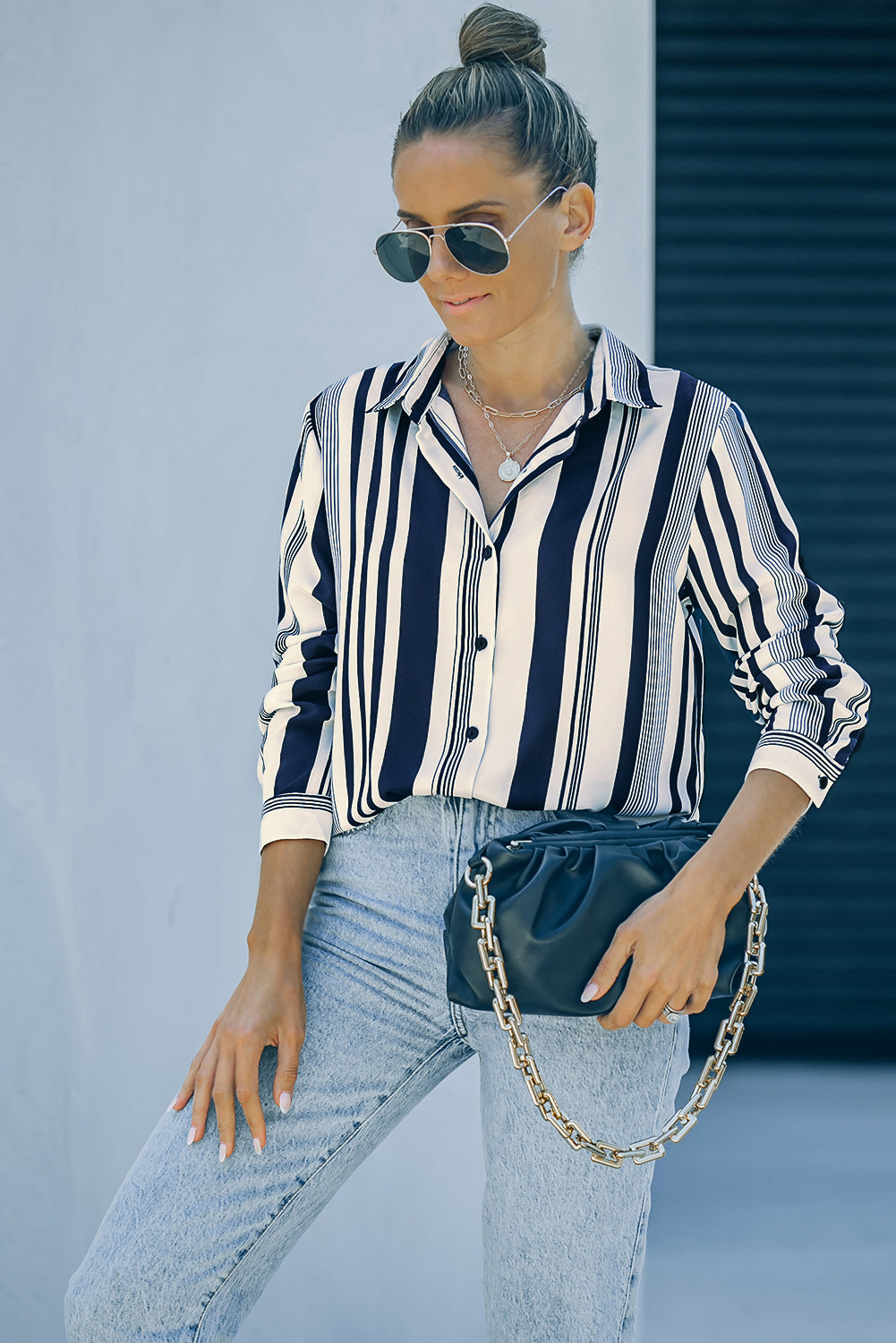 White Navy Striped Modern Women Shirt