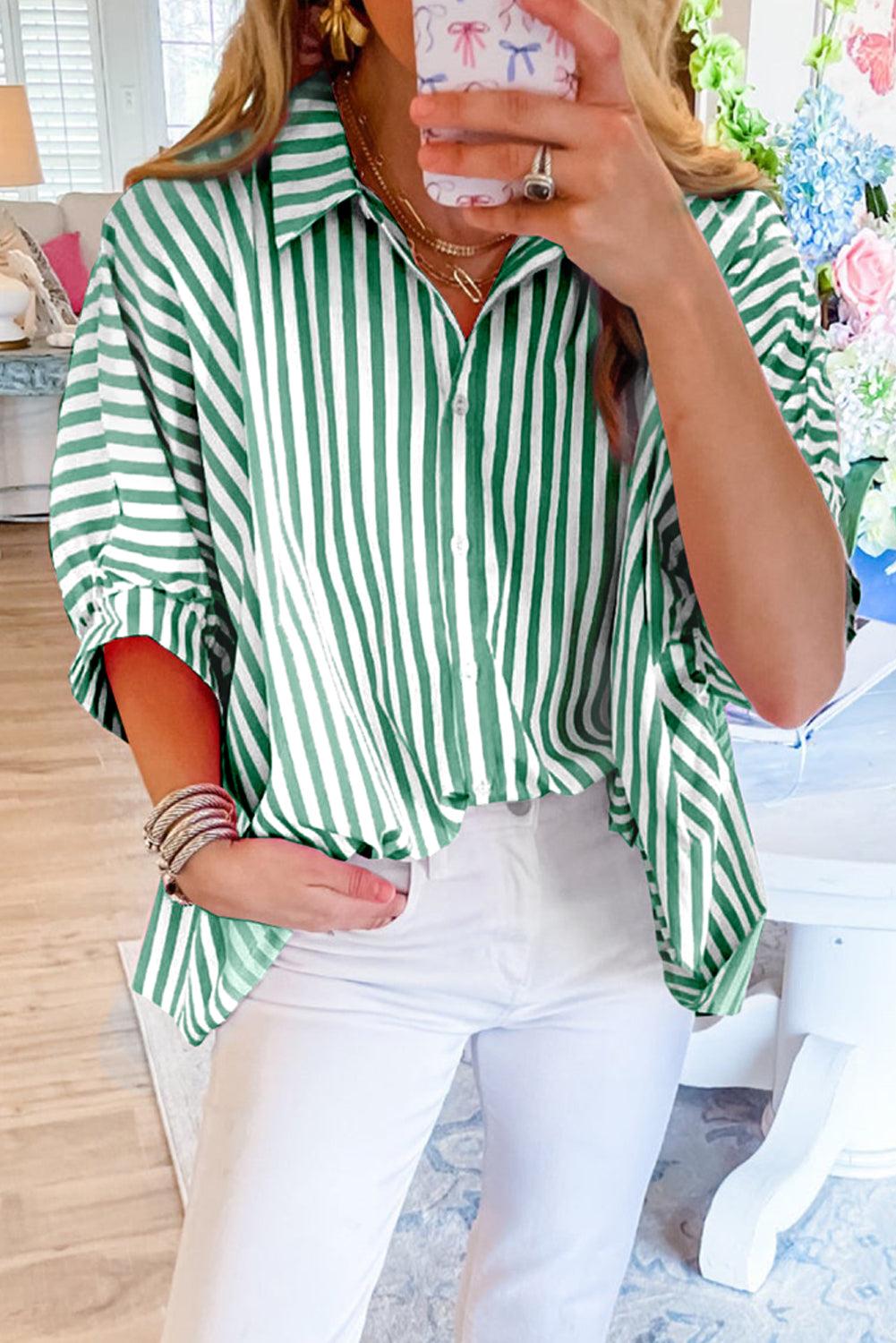 Stripe Dolman Sleeve Oversize Shirt