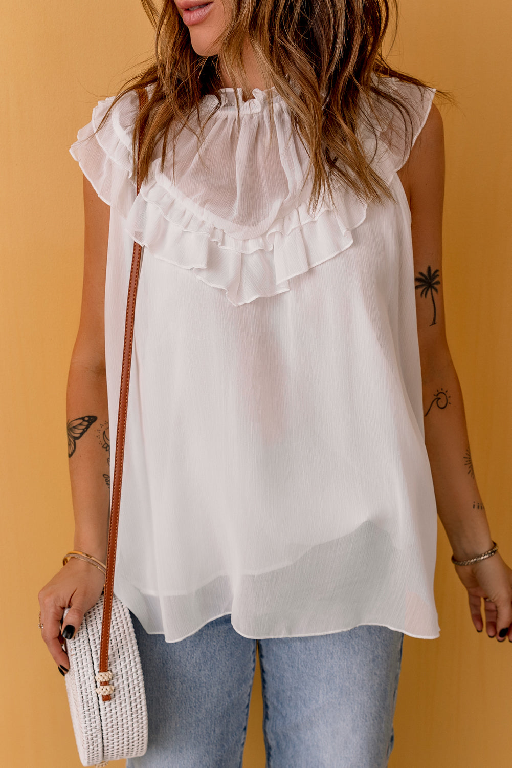 White Frilled Detail Tulle Tank Top