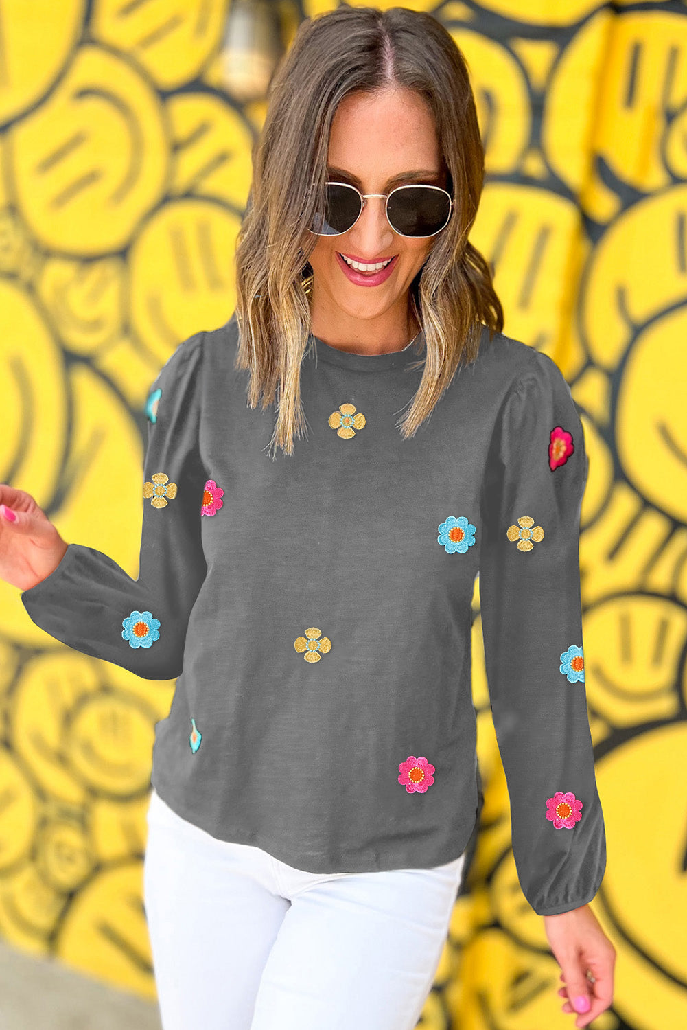 Black Floral Embroidered Puff Sleeve Top