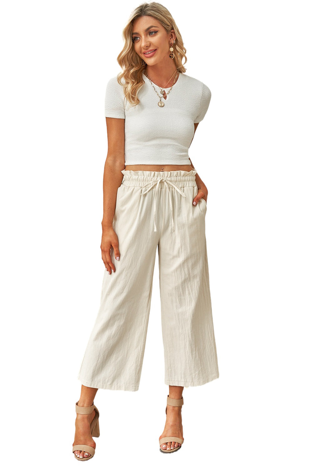 Khaki Paperbag Waist Straight Leg Cropped Pants