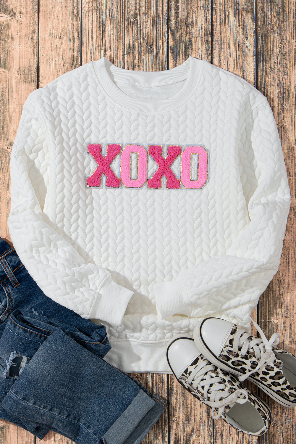 White Merry And Bright Cable Knit Pullover Sweatshirt