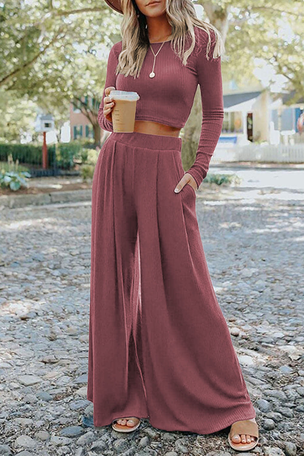 Gray Solid Color Ribbed Crop Top Long Pants Set