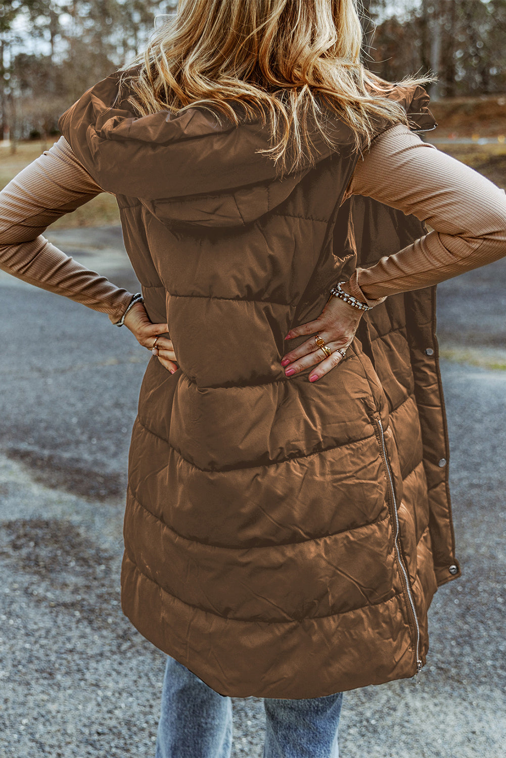 Green Hooded Long Quilted Vest Coat