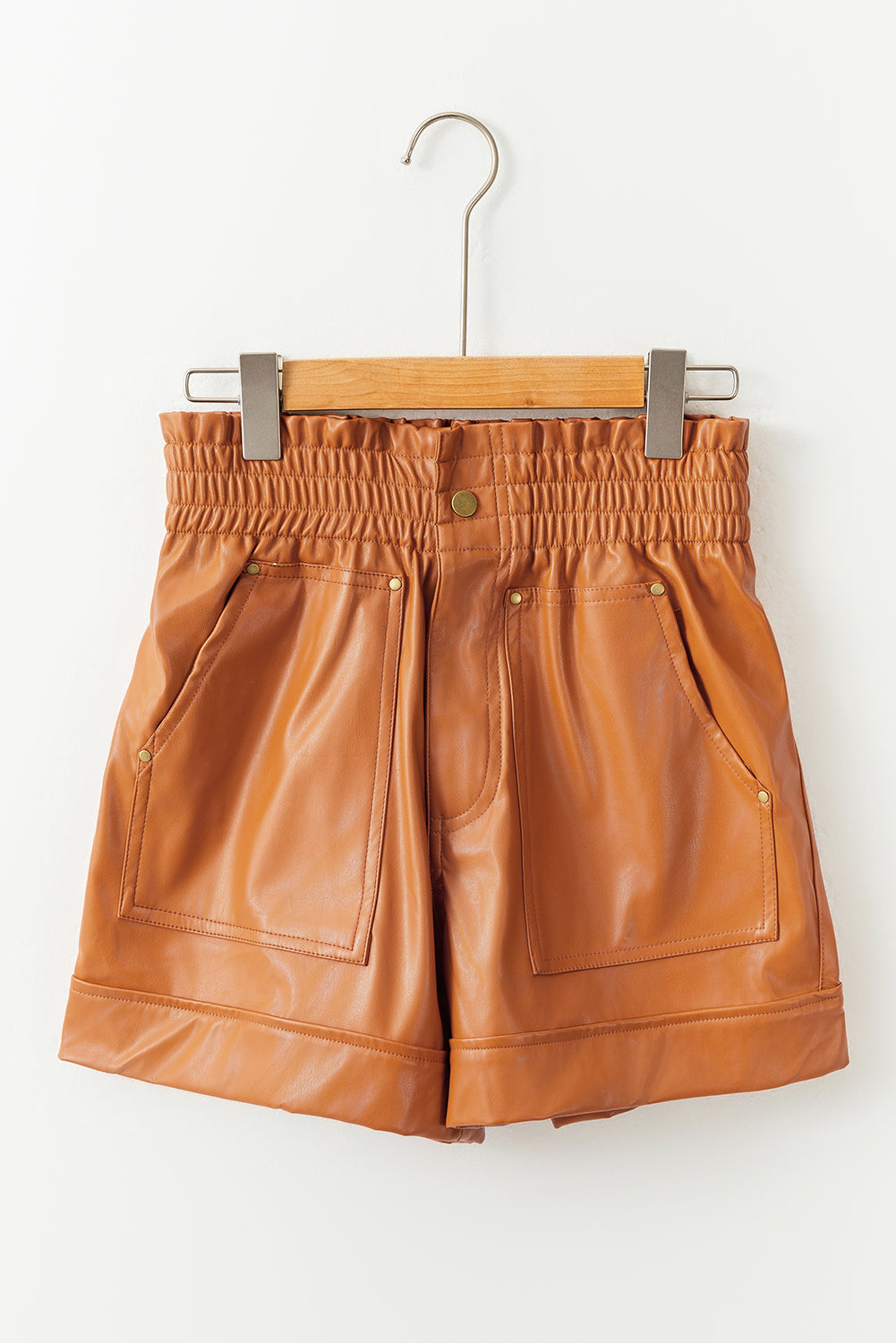 Brown Patch Pockets Faux Leather High Rise Shorts