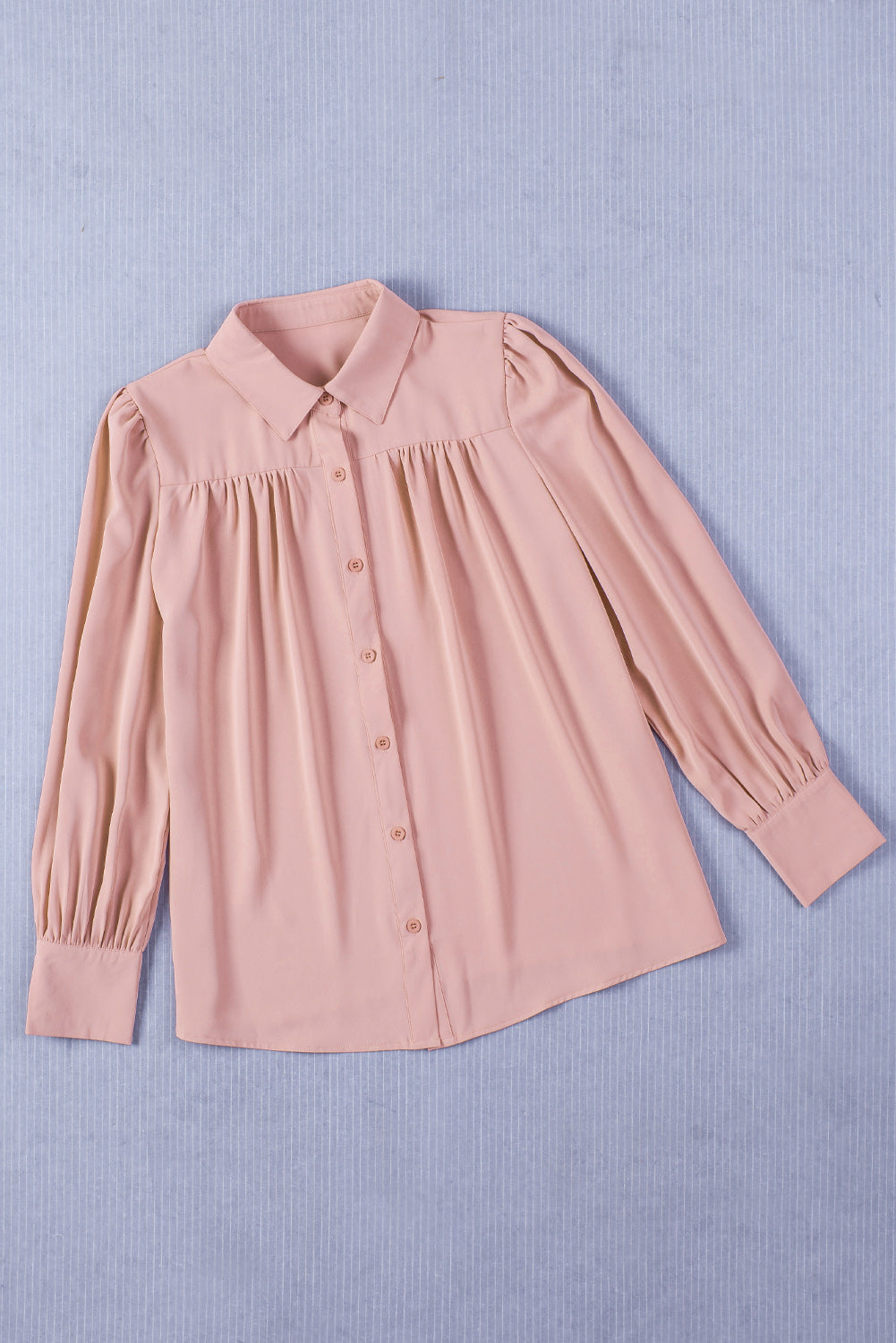 Sky Blue Solid Color Button Up Puff Sleeve Blouse