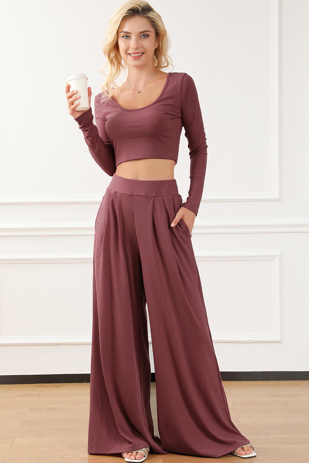 Gray Solid Color Ribbed Crop Top Long Pants Set