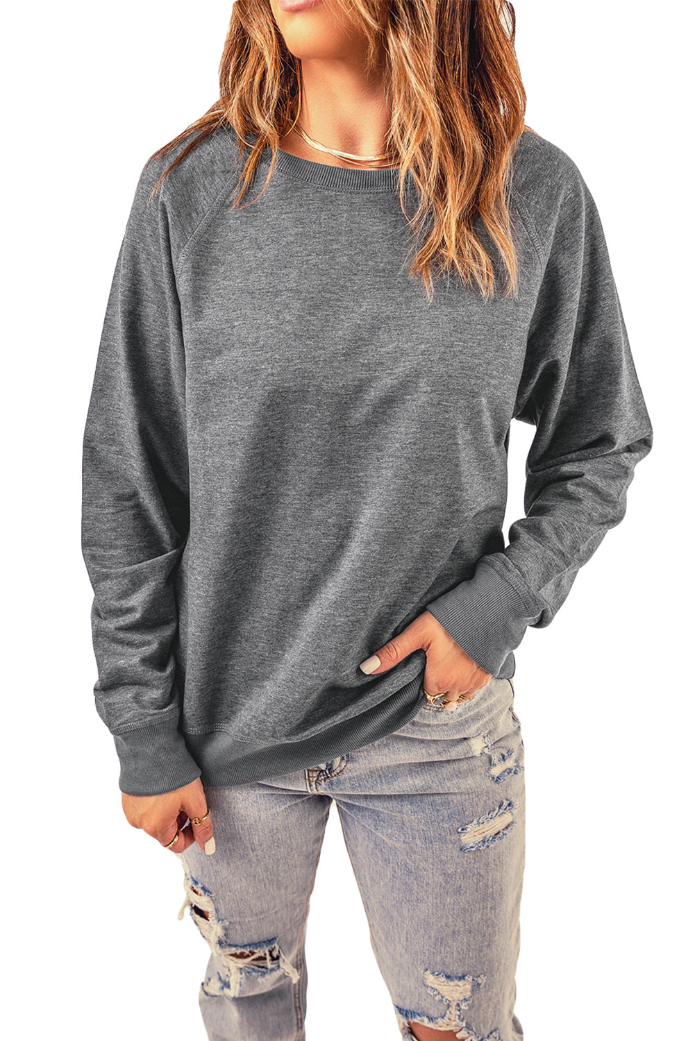 Gray French Terry Cotton Blend Pullover Sweatshirt