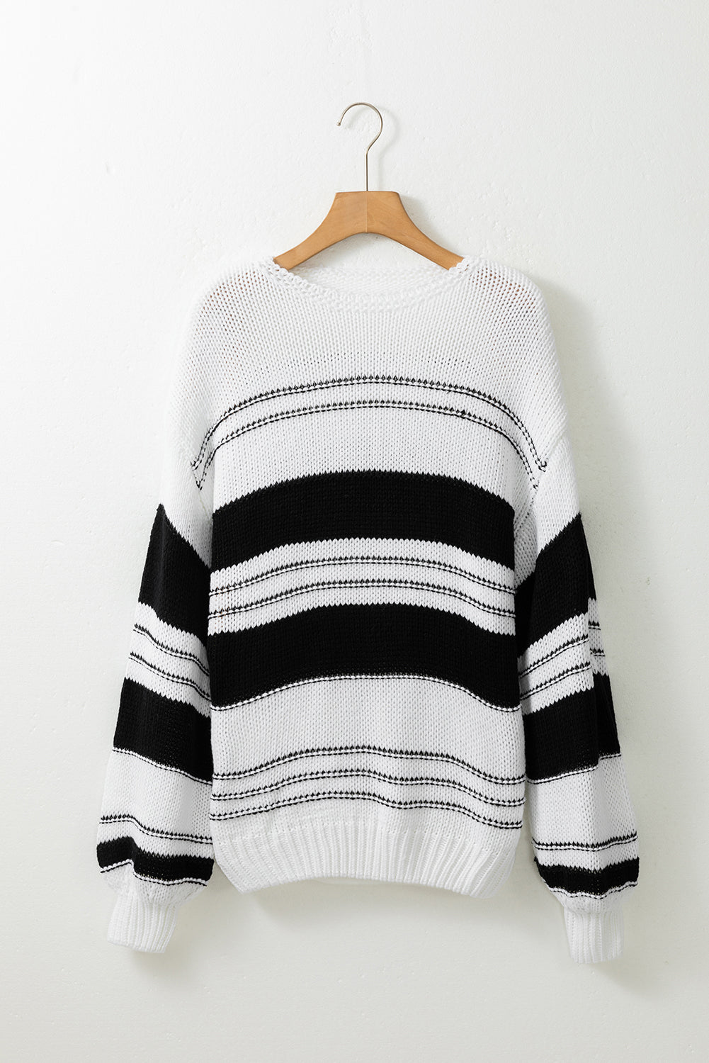White Striped Knit Puff Sleeve Casual Sweater