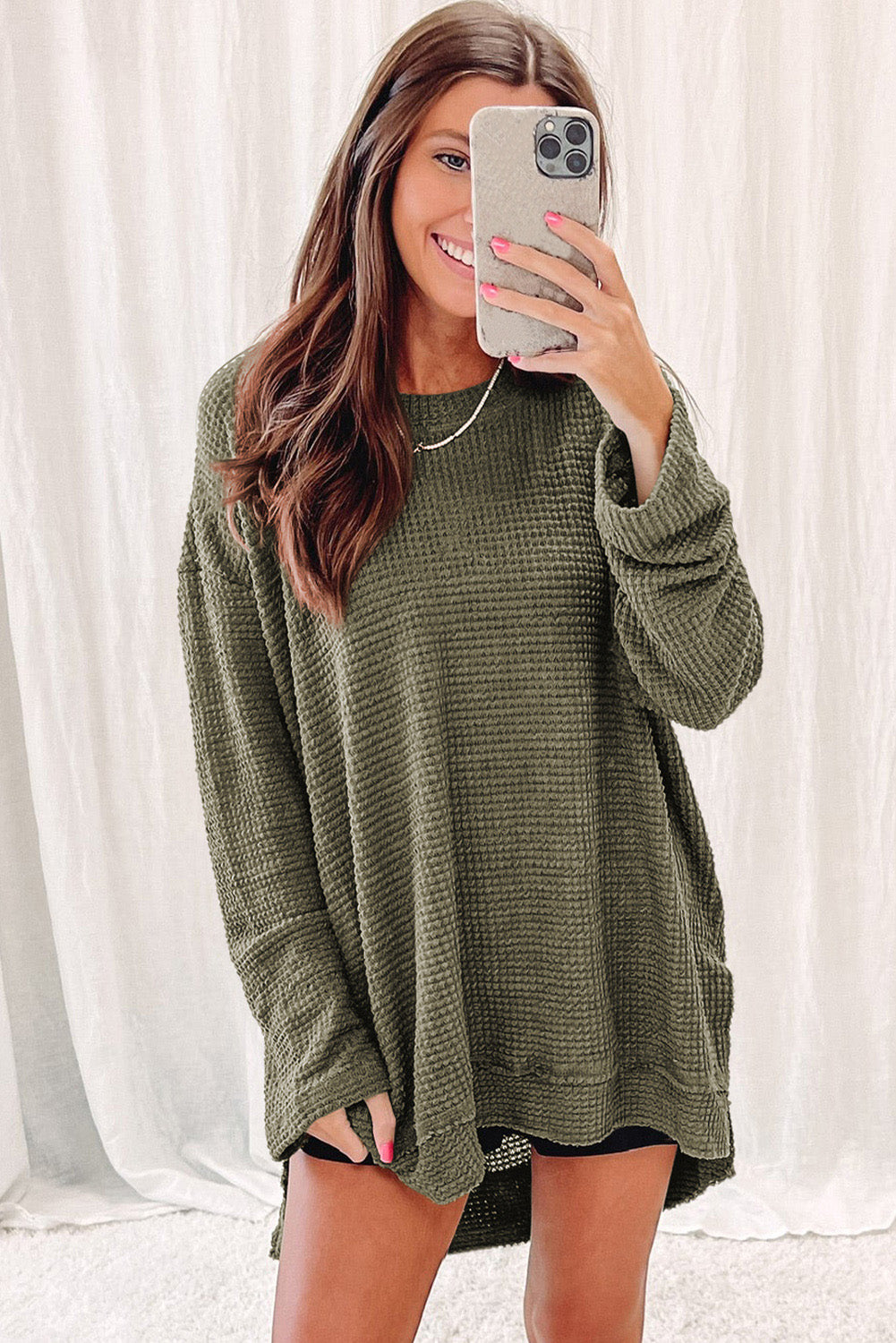 Black Waffle Knit High Slits Oversized Top