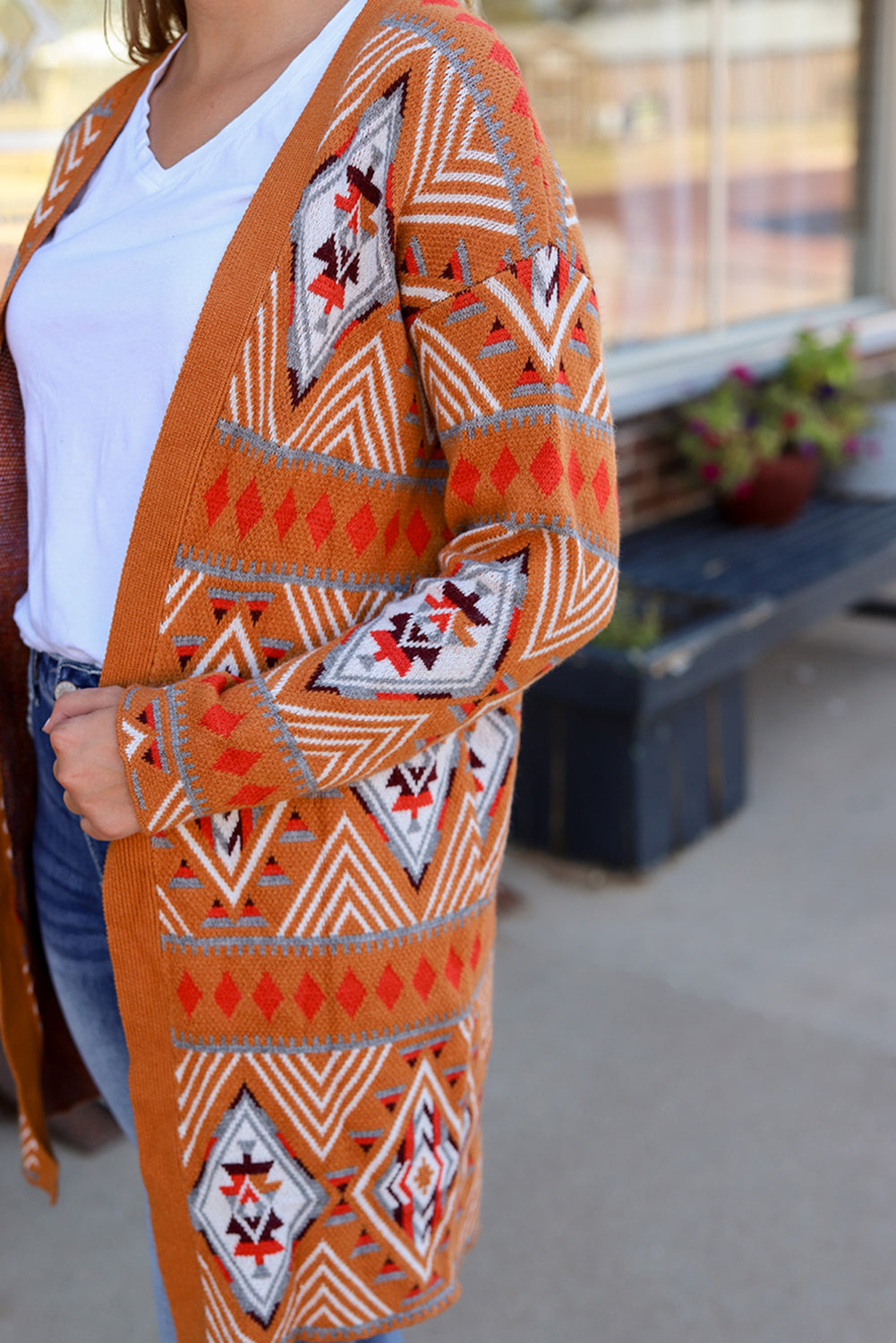 Brown Aztec Geometric Knit Open Front Cardigan