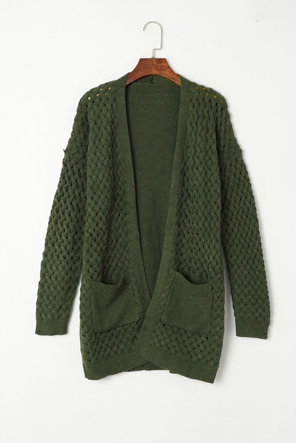 Gray Open Front Woven Texture Knitted Cardigan with Pockets