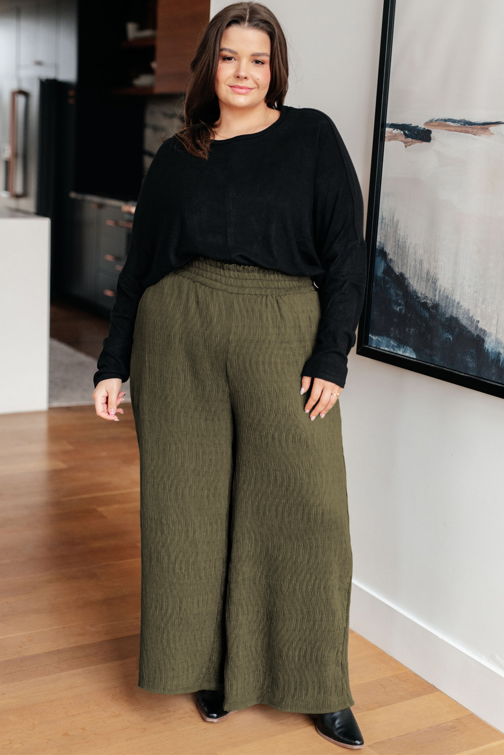 Jungle Green Plus Size Textured Shirred High Waist Casual Pants