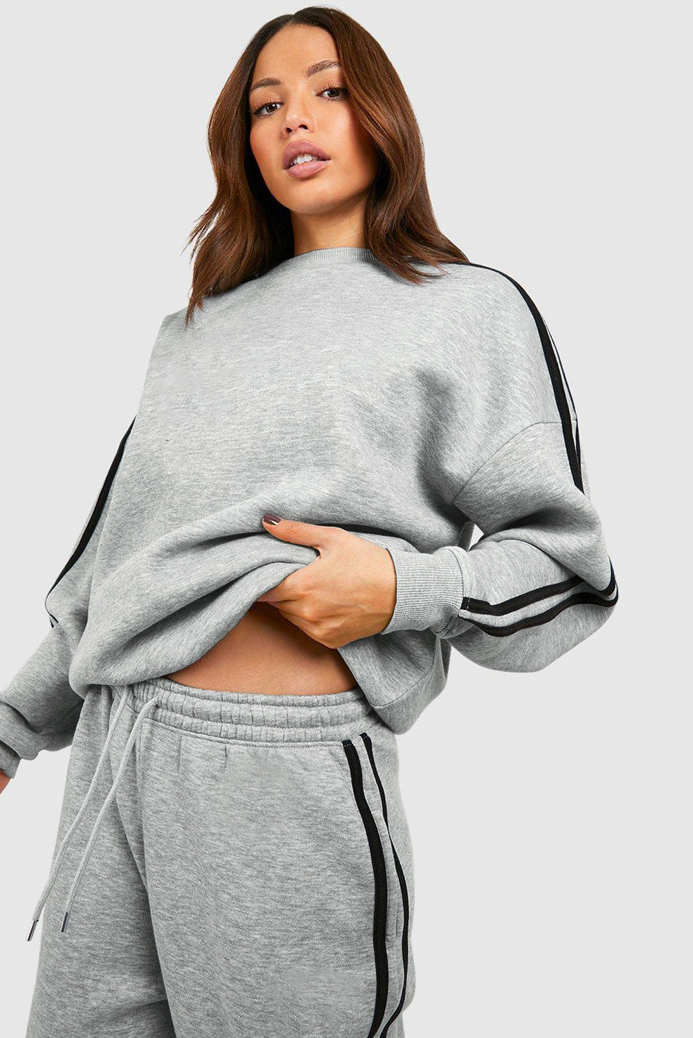 Light Grey Solid Color Side Striped Sweatshirt Active Set