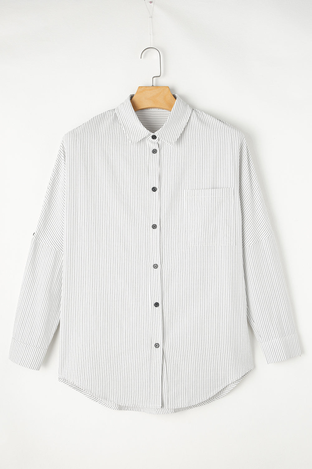 Black Stripe Roll-tab Sleeve Pocketed Long Shirt