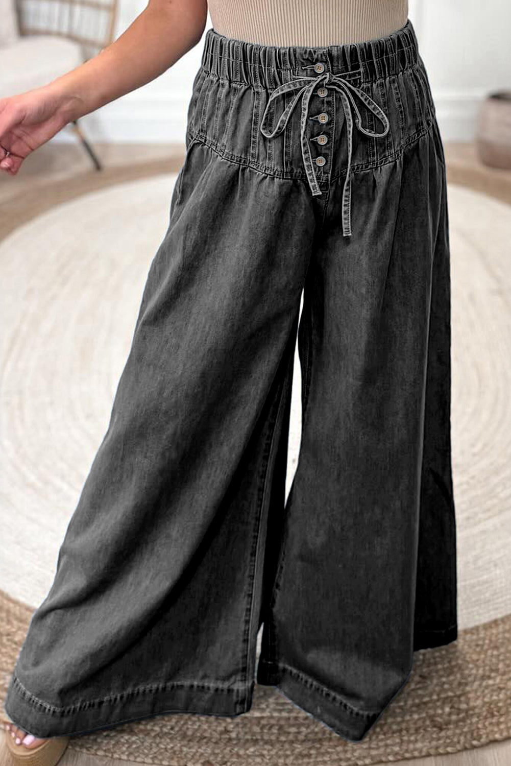 Light Wash Button Waist Wide Leg Jeans