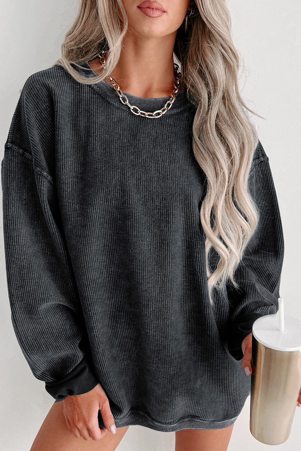 Solid Ribbed Knit Round Neck Pullover Sweatshirt