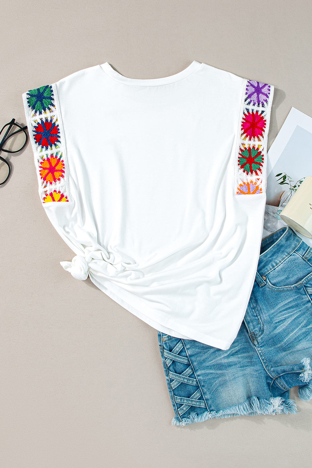 White Floral Crochet Sleeve Crew Neck Top