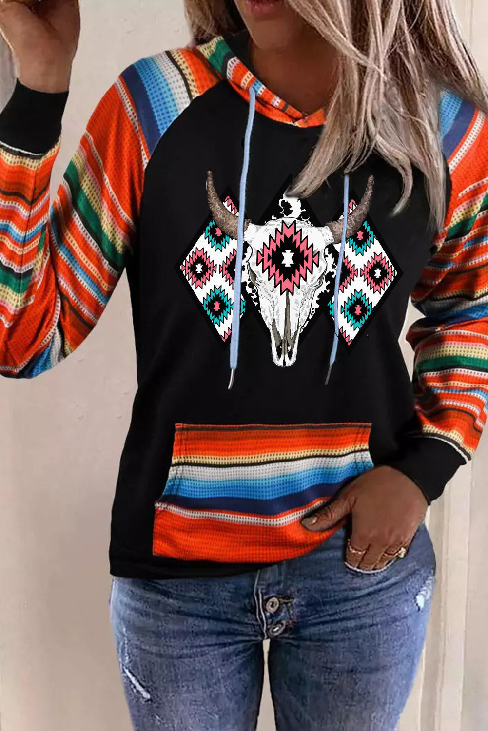 Western Patchwork Pocketed Hoodie