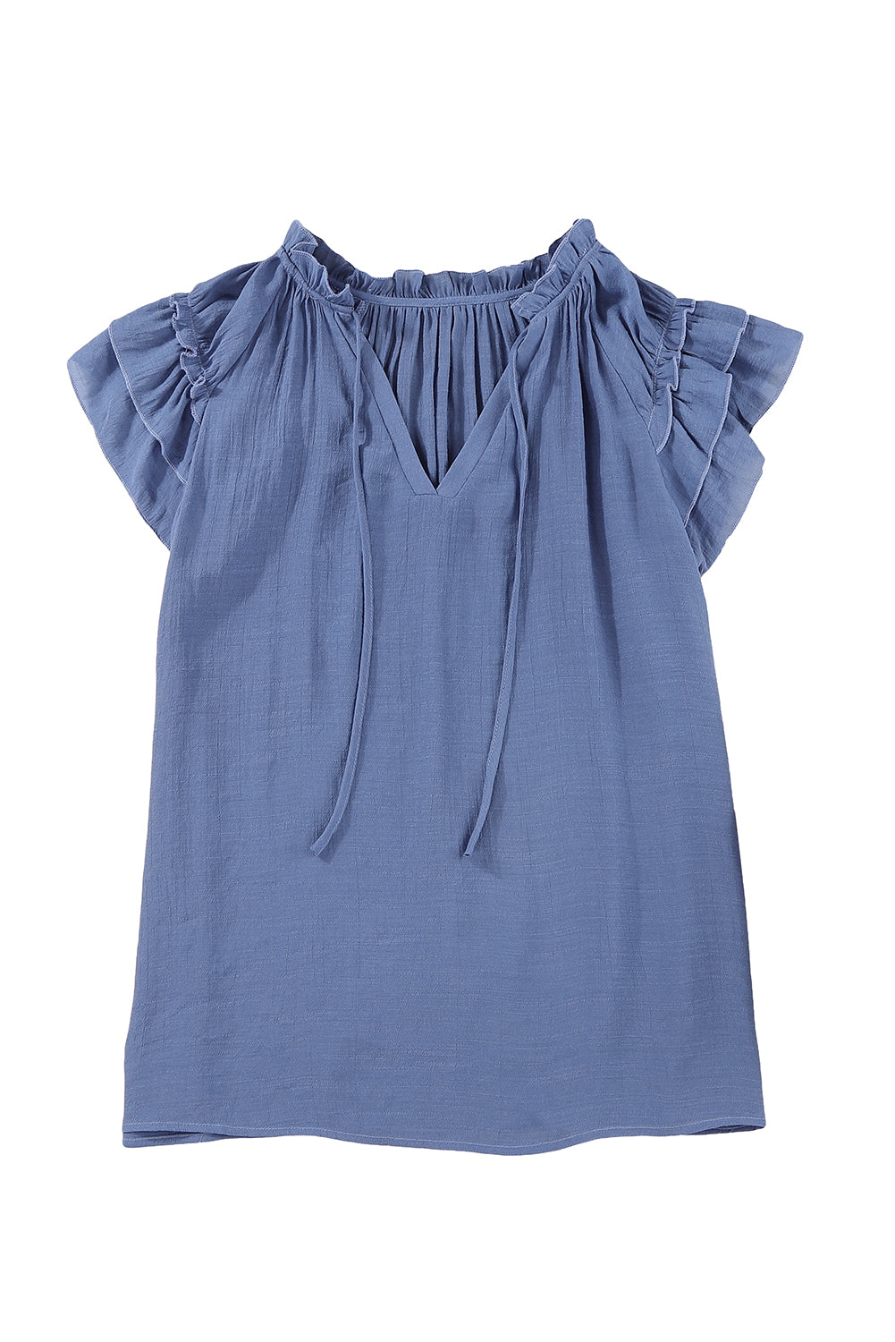 Blue Tiered Ruffled Drawstring V Neck Top